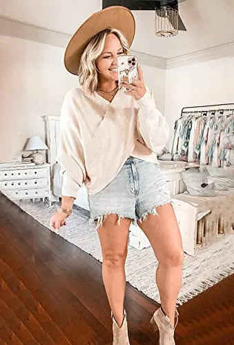 BTFBM Women Casual V Neck Long Sleeve Sweaters Cross Wrap Front Off Shoulder Asymmetric Hem Knitted Crop Solid Pullover(Solid Apricot, Small)