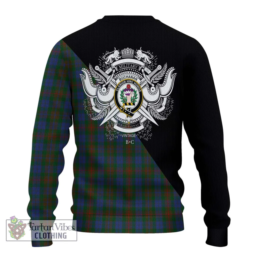 Buchanan Hunting Tartan Ugly Sweater with Family Crest and Military Logo Style