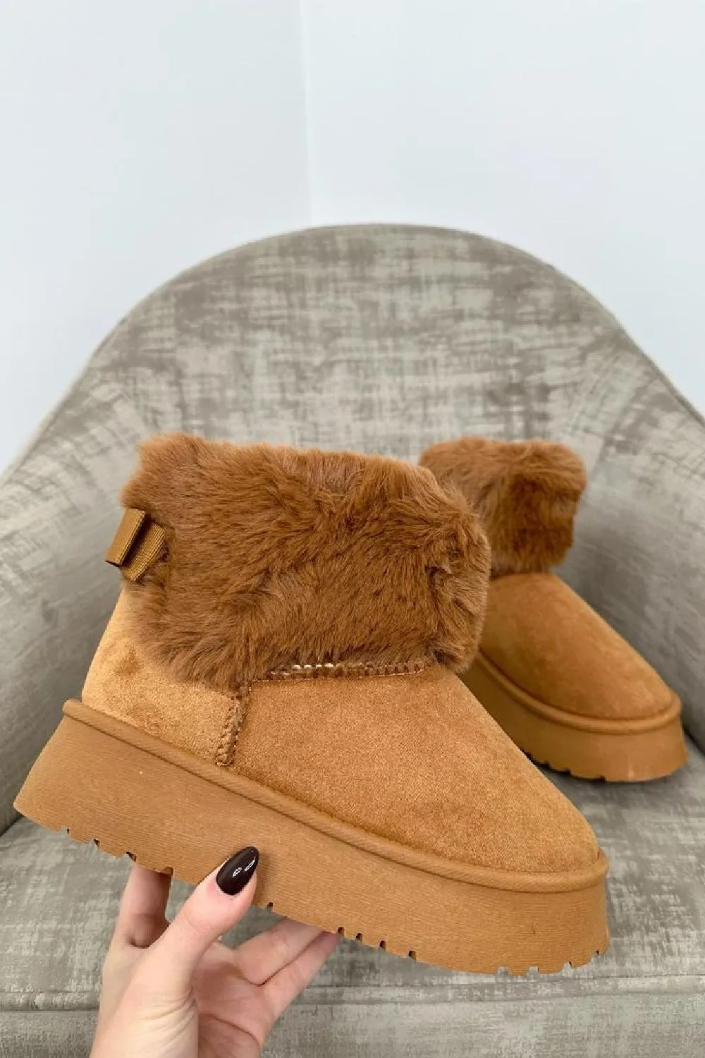 CAMEL FAUX FUR LINED CHUNKY PLATFORM BOW DETAIL FUR COLLAR ANKLE BOOTS