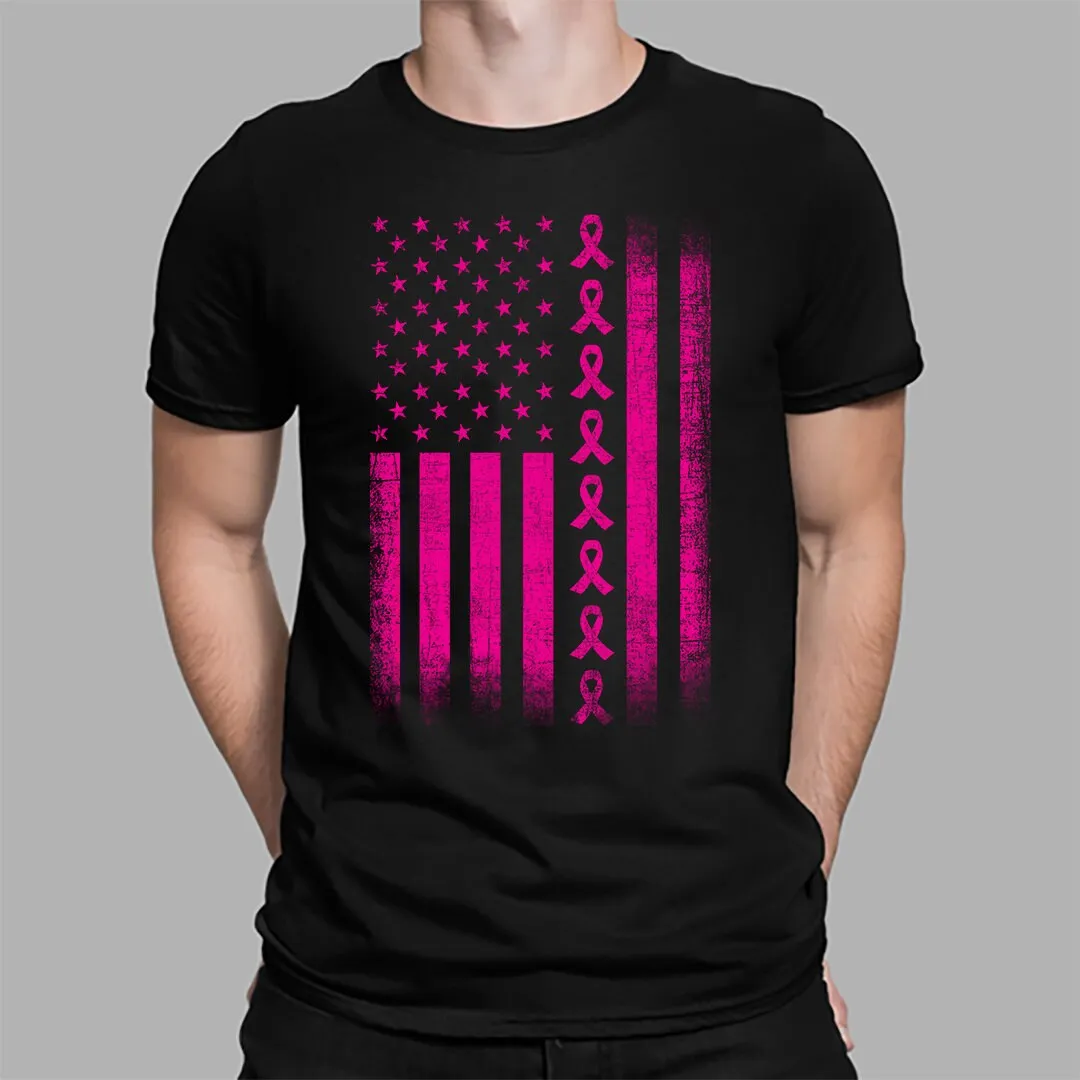 Cancer Support American Flag and Ribbon T-shirt |  Pink Ribbon Cancer Support | Breast Cancer Awareness T-shirt | Unisex T-shirt