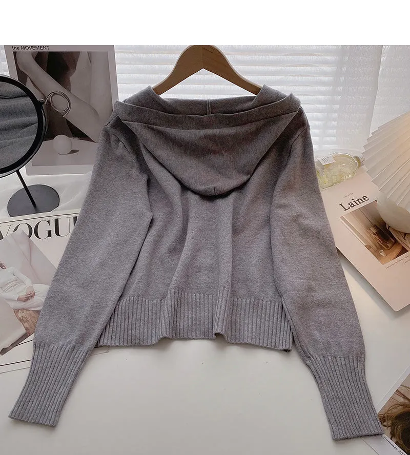 Cardigan knitted coat Long Sleeve hooded top  6658