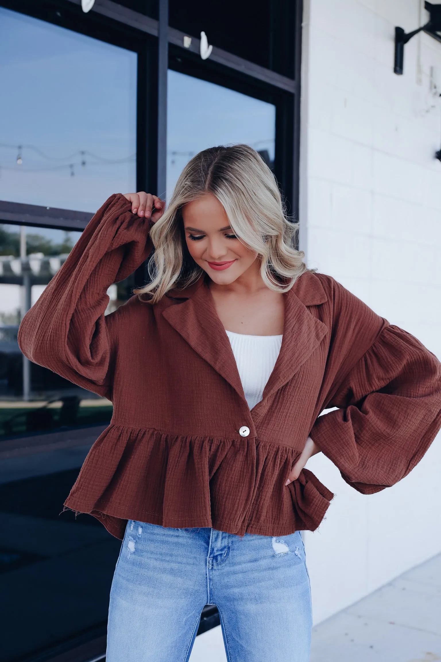 Care Free Peplum Shacket - Brown