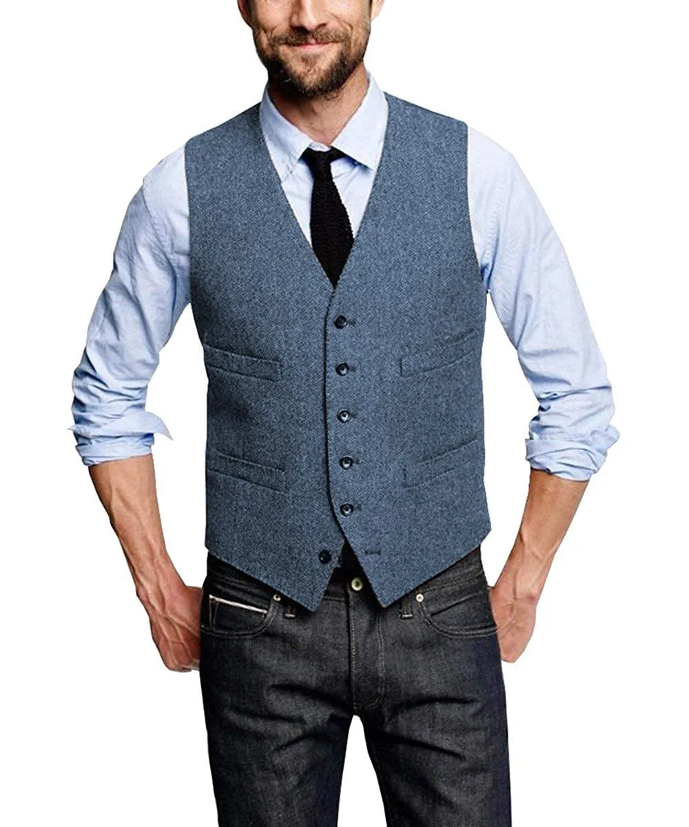 Casual Mens Leisure Tweed Herringbone V Neck Waistcoat