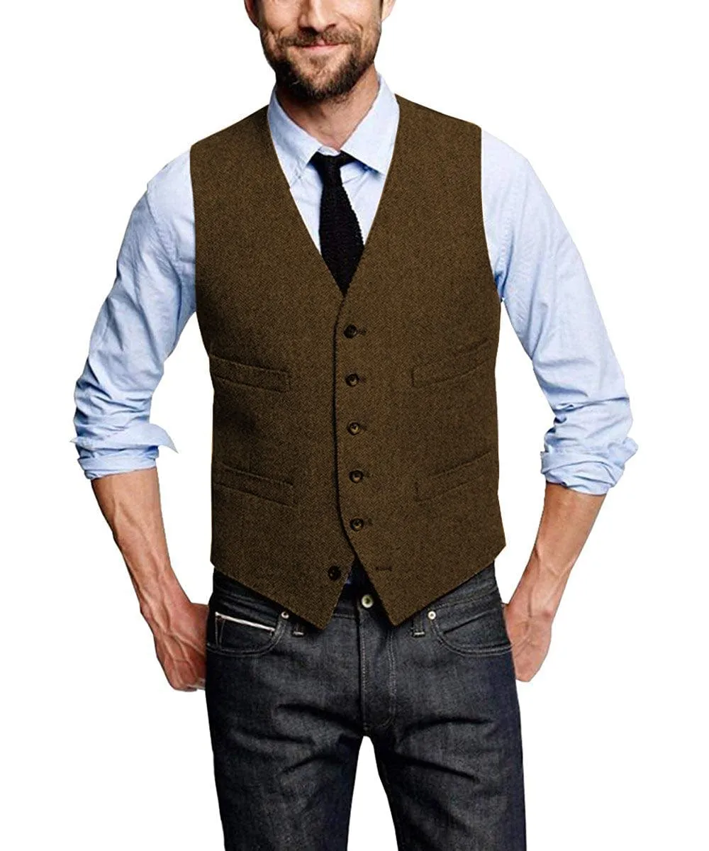 Casual Mens Leisure Tweed Herringbone V Neck Waistcoat