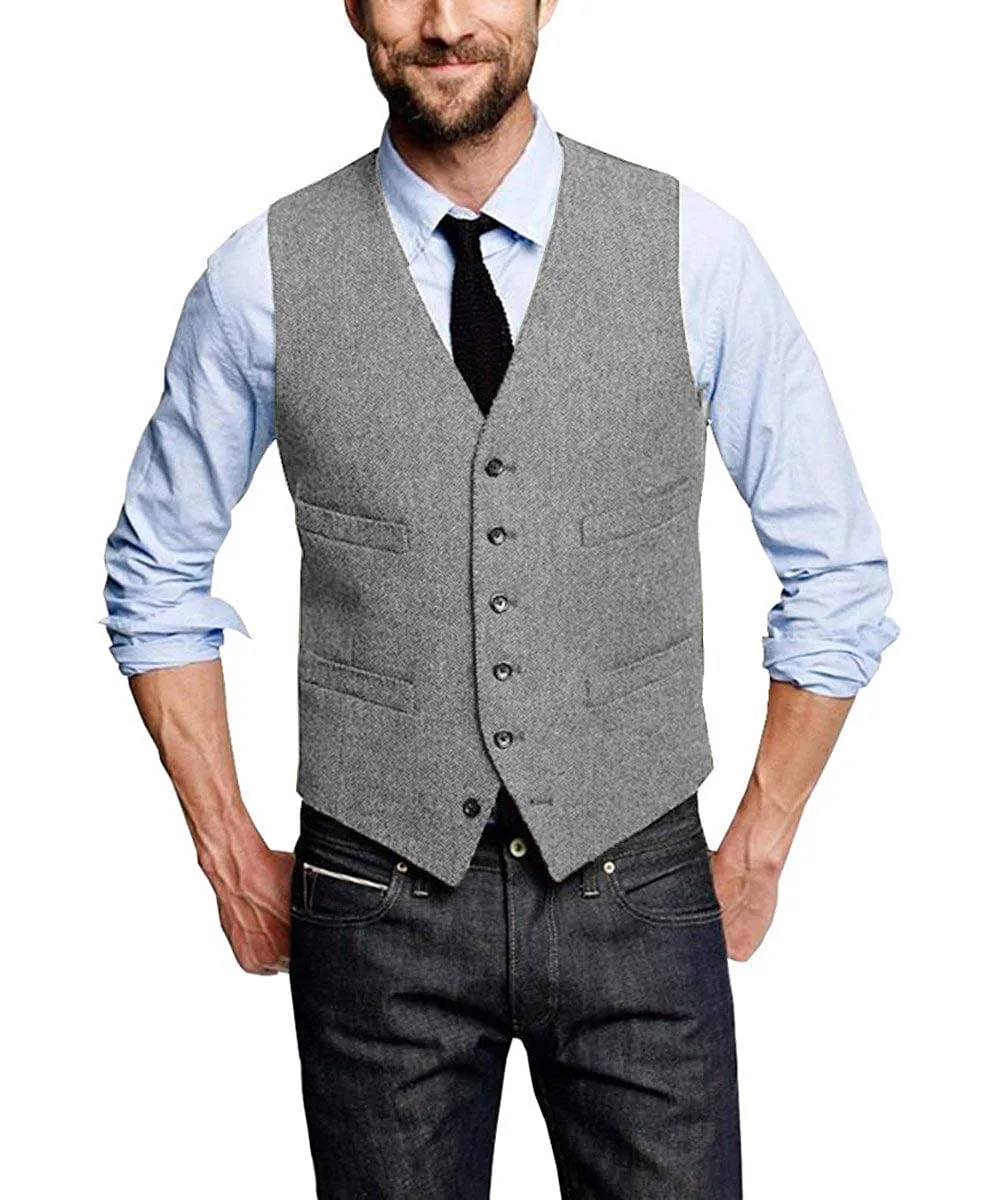 Casual Mens Leisure Tweed Herringbone V Neck Waistcoat