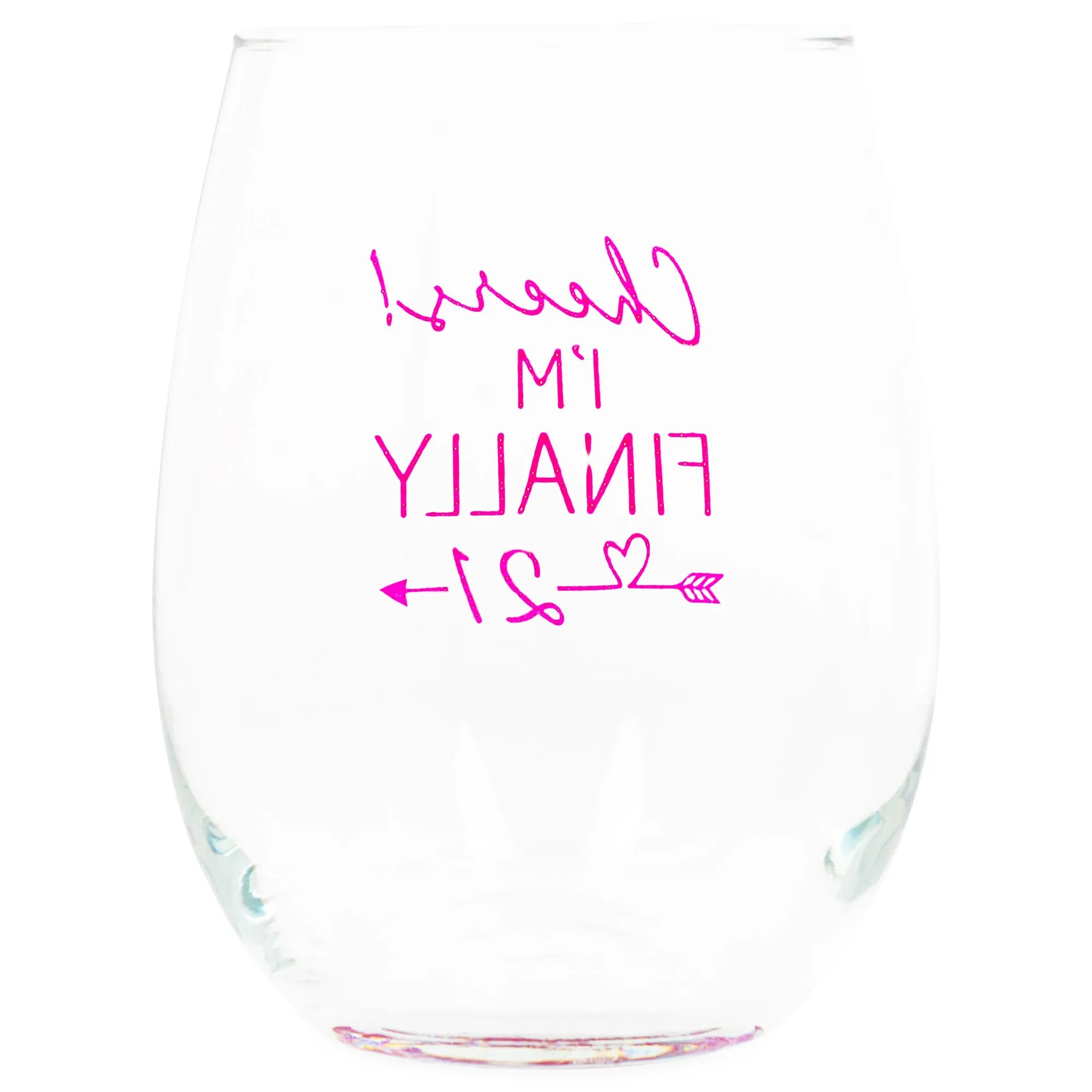 Cheers! Finally 21 Pink 14 ounce Glass Stemless Wine Glass