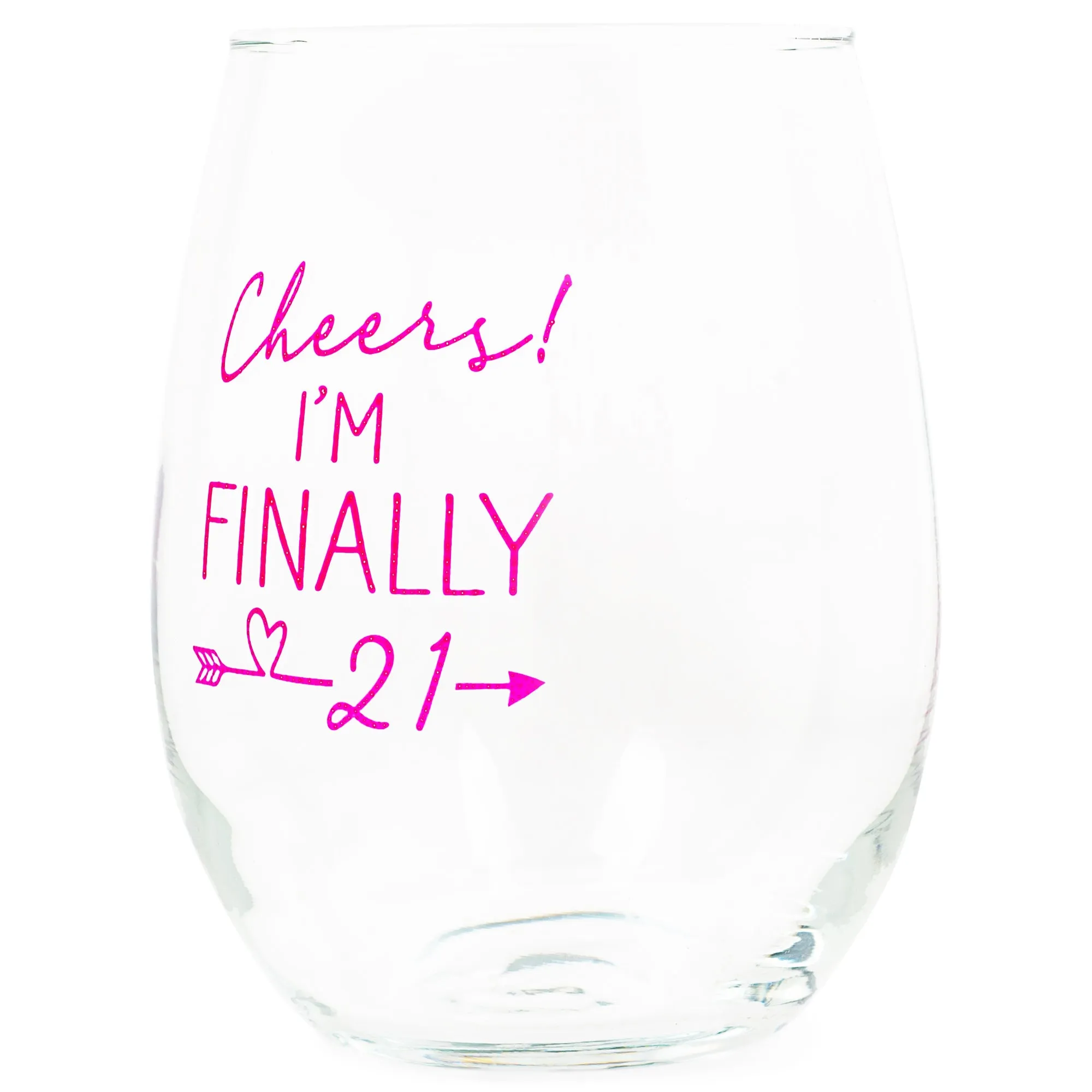 Cheers! Finally 21 Pink 14 ounce Glass Stemless Wine Glass