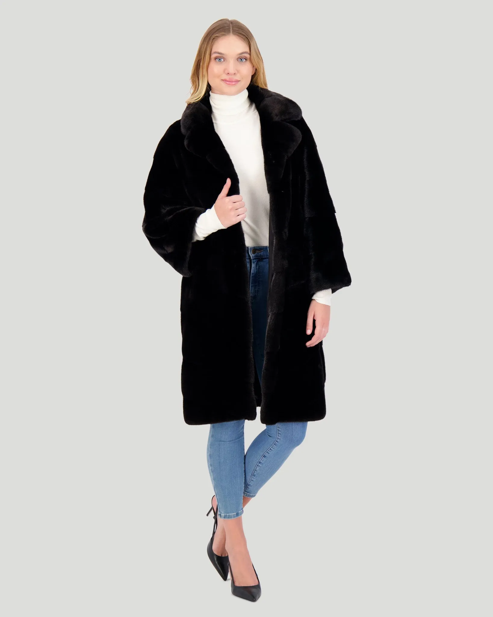 Chevron Mink Short Coat, Notch Collar