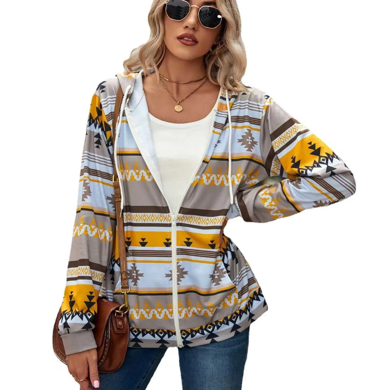 Chic Geometric Print Women's Zip-Up Hoodie Jacket - Loose Fit, Sports & Running Sweatshirt with Pocket