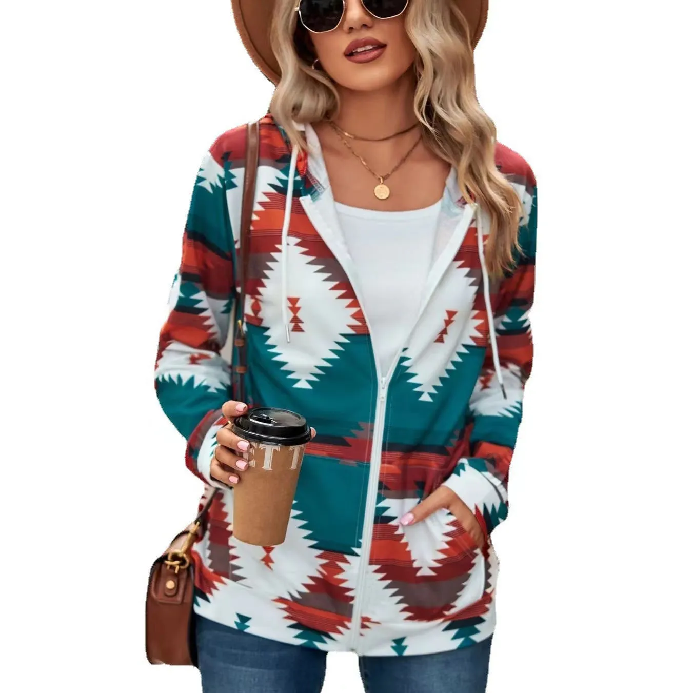 Chic Geometric Print Women's Zip-Up Hoodie Jacket - Loose Fit, Sports & Running Sweatshirt with Pocket