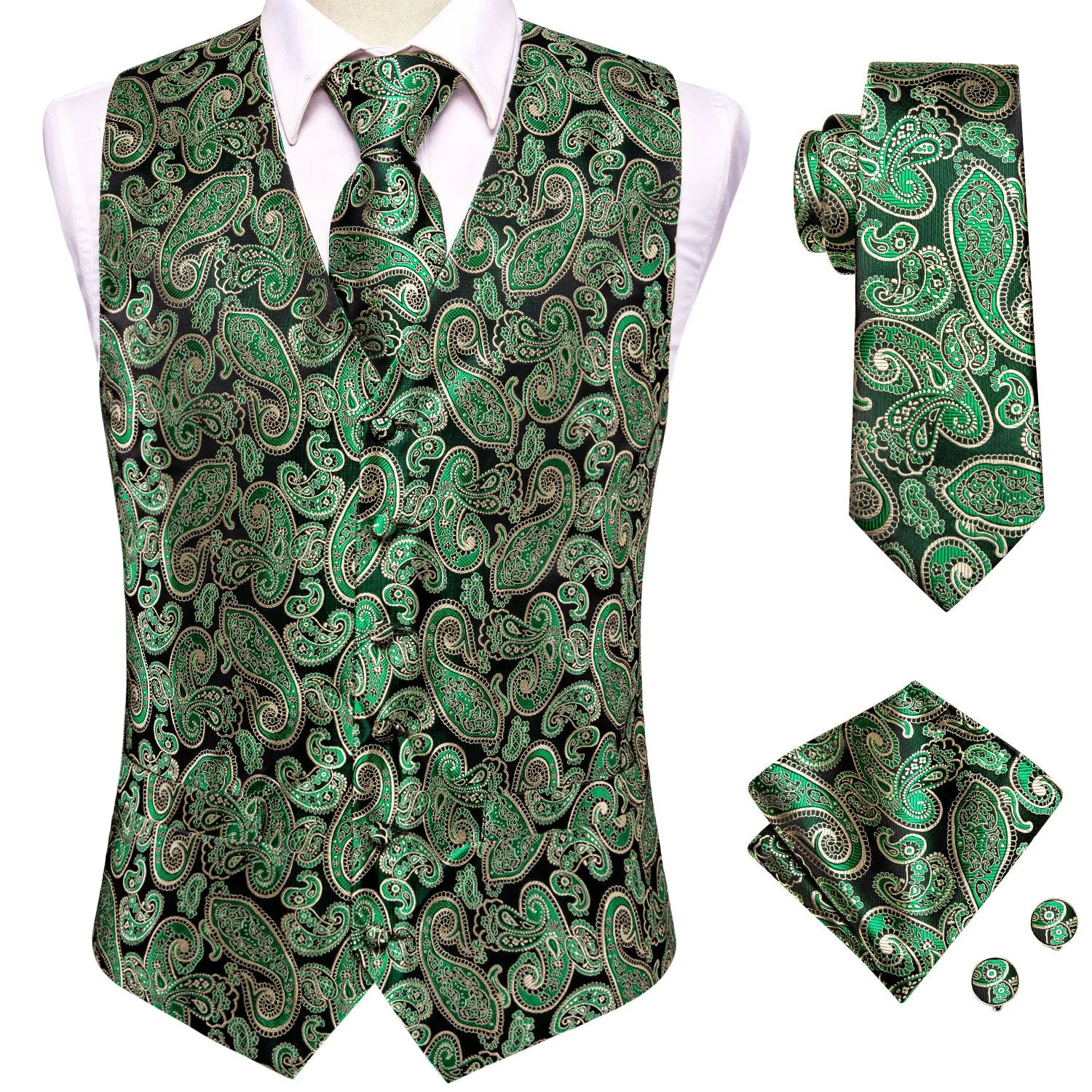 Classic Emerald Green Paisley Silk Men's Vest Hanky Cufflinks Tie Set Waistcoat Suit Set