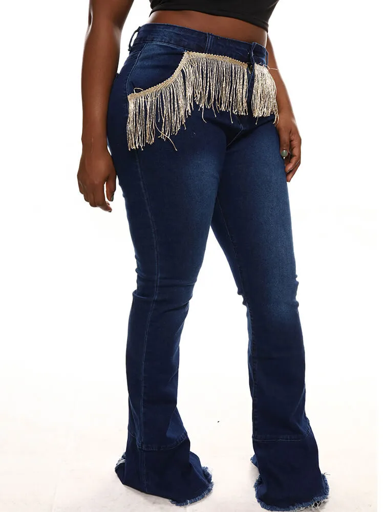 Classic Mid Waist Tassel Bell Bottom Jeans