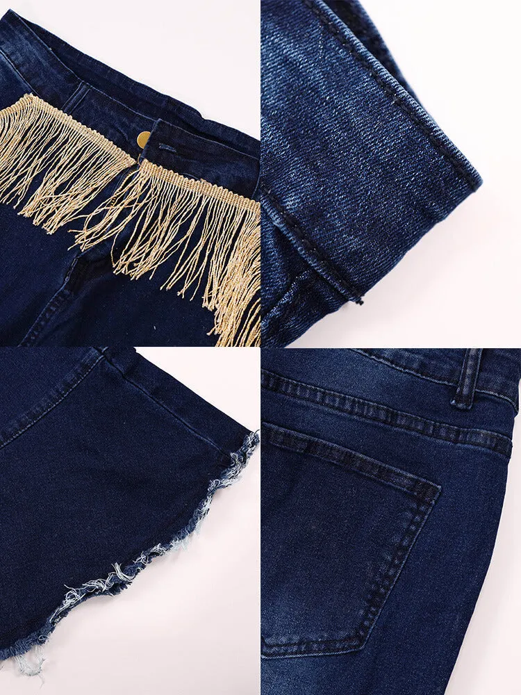 Classic Mid Waist Tassel Bell Bottom Jeans