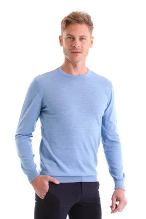 Comfort Fit Wool Blend Blue Crewneck Sweater