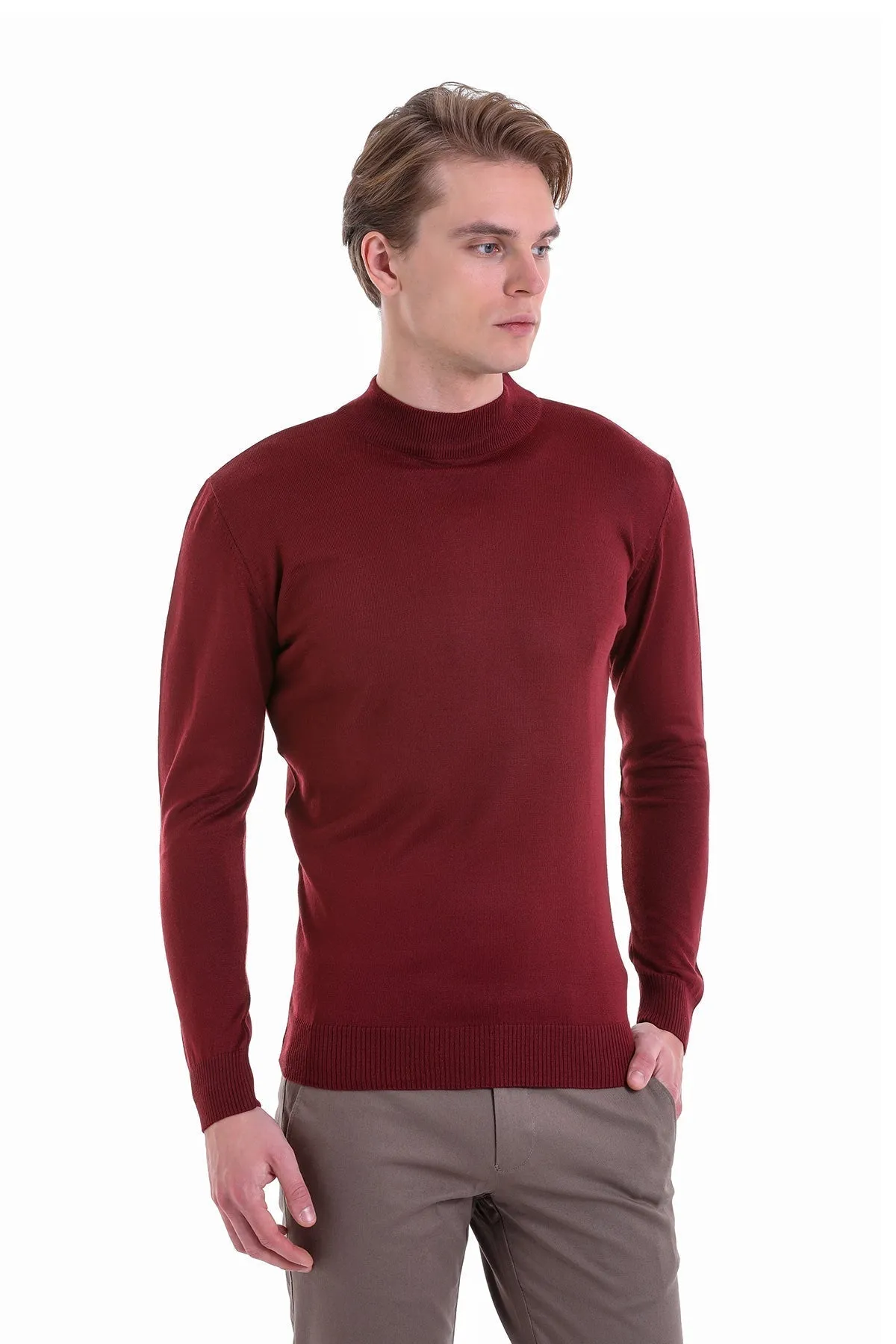 Comfort Fit Wool Blend Brick Mock Neck Sweater