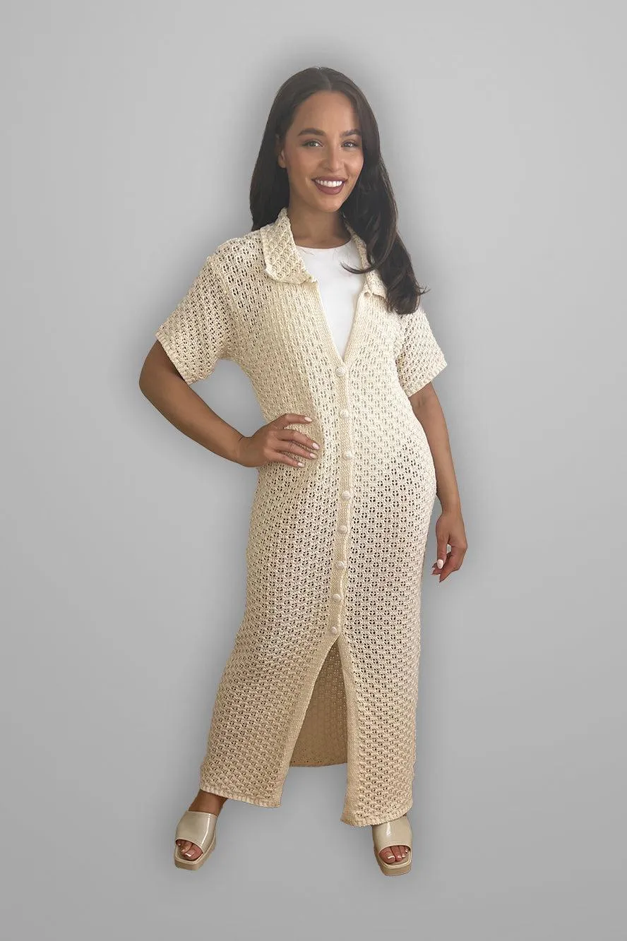 Crochet Knit Midi Shirt Dress