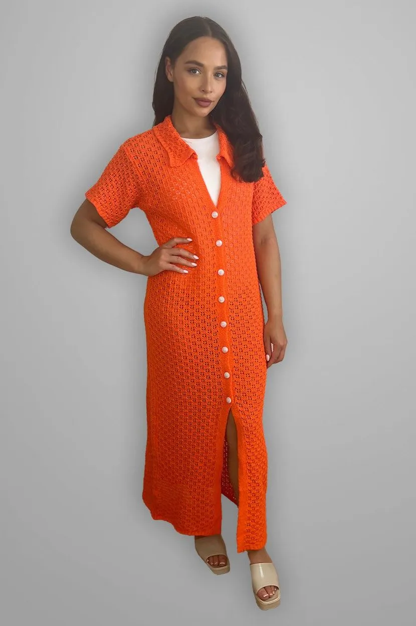 Crochet Knit Midi Shirt Dress