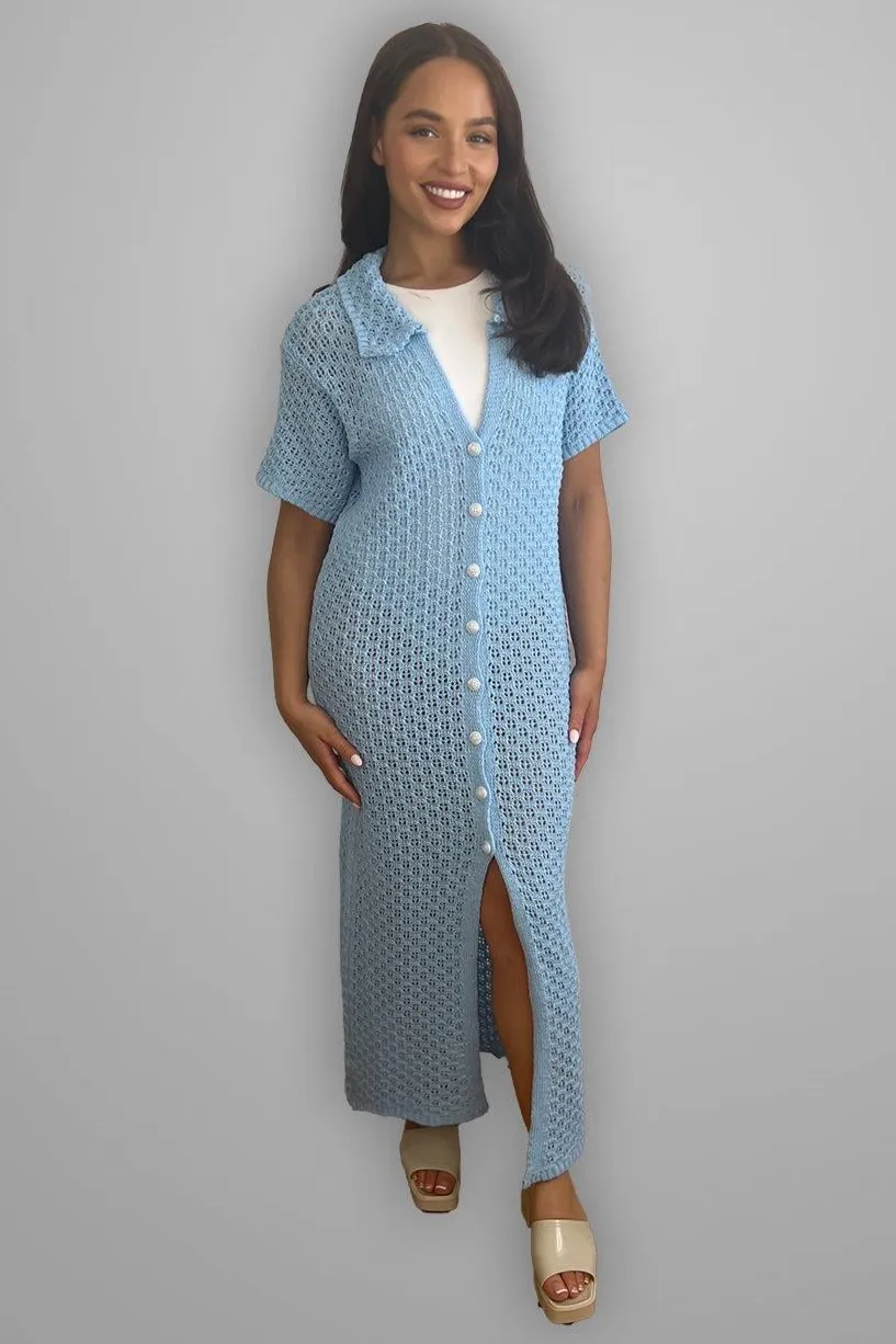 Crochet Knit Midi Shirt Dress