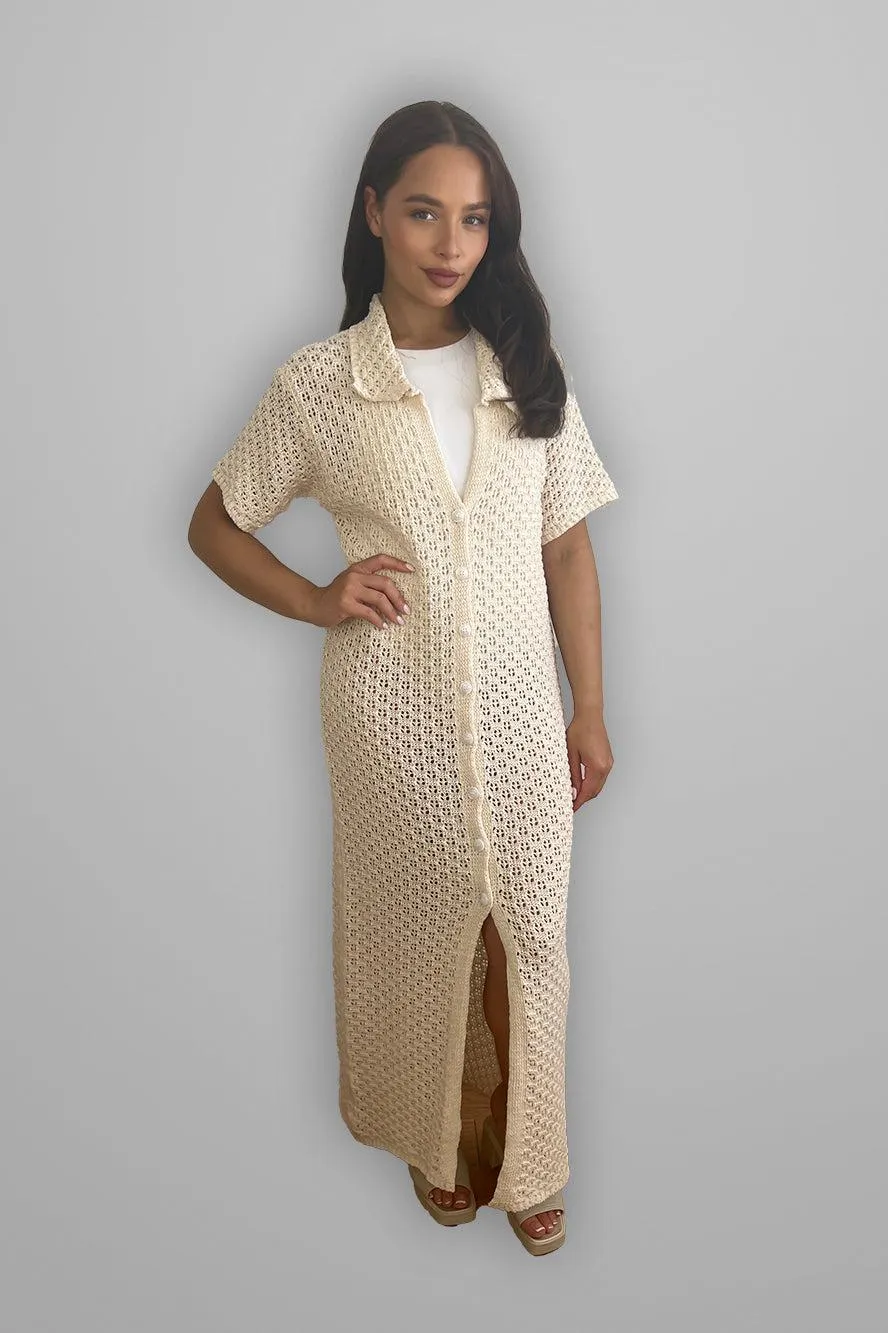 Crochet Knit Midi Shirt Dress