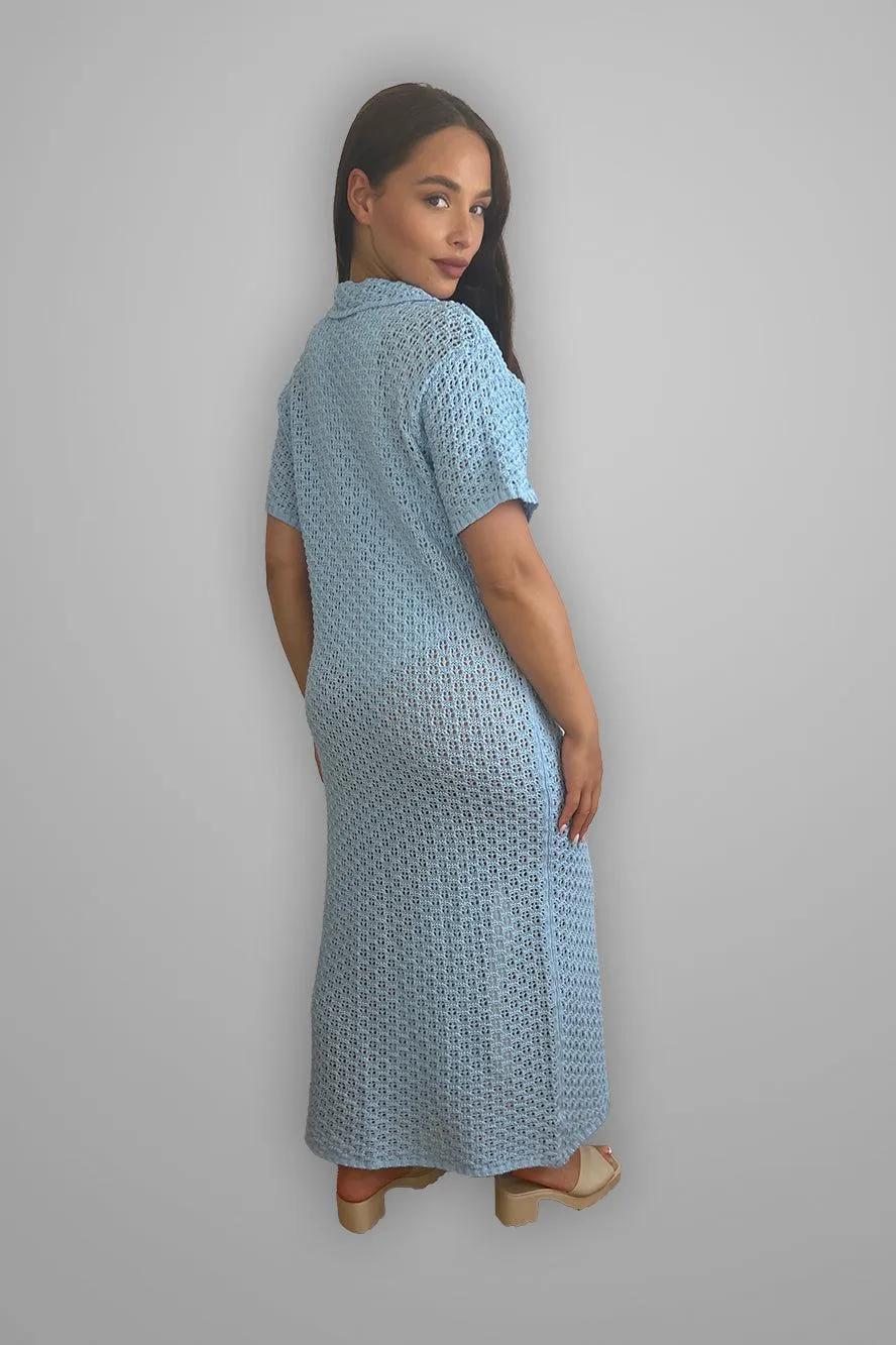 Crochet Knit Midi Shirt Dress