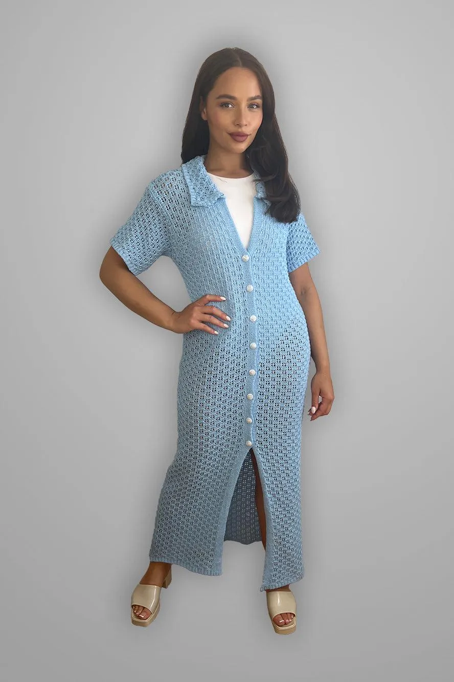 Crochet Knit Midi Shirt Dress