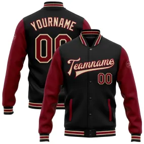 Custom Black Crimson-City Cream Bomber Full-Snap Varsity Letterman Two Tone Jacket