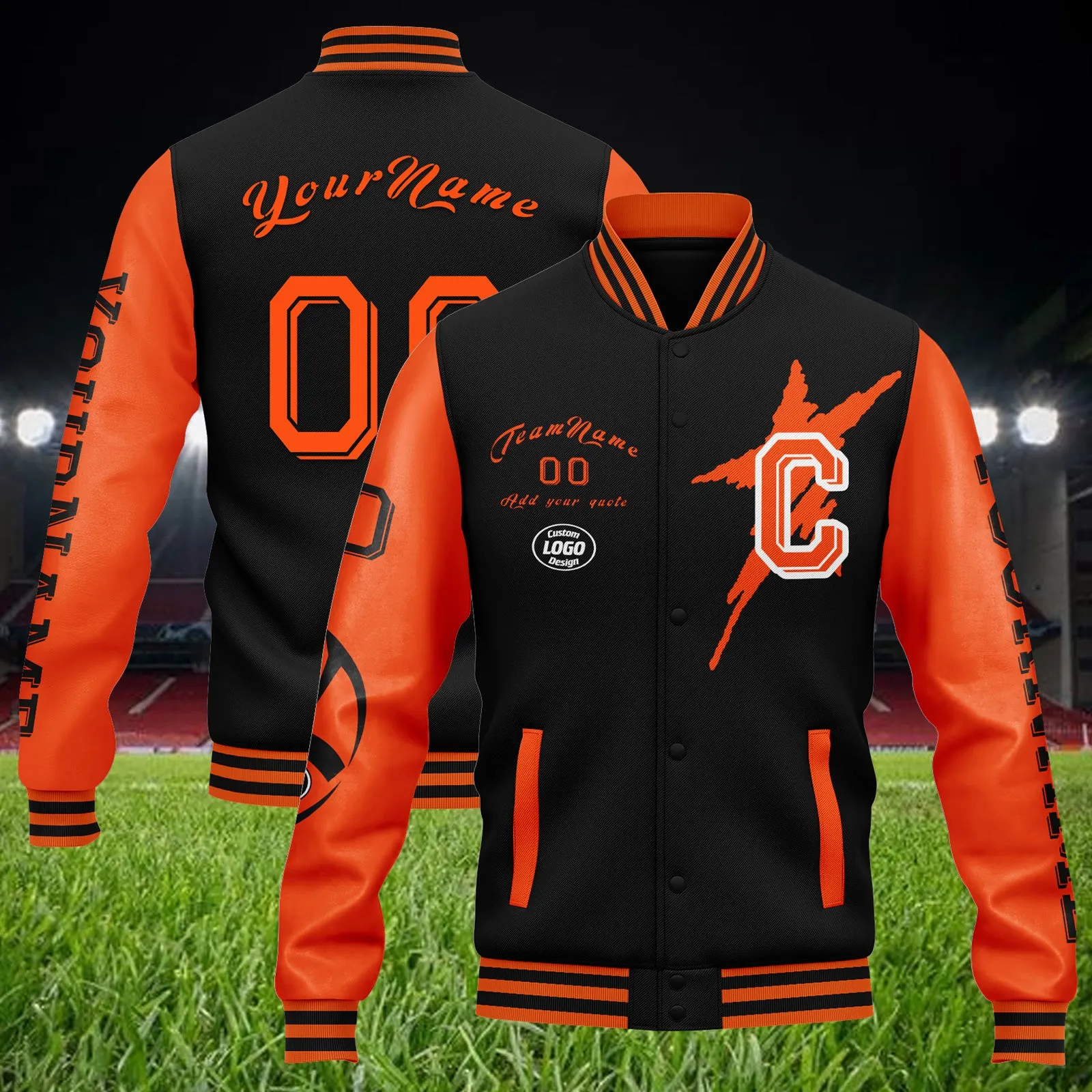 Custom Black Orange Cincinnati Jacket Bomber Full-Snap Varsity Letterman Personalized Jacket FZ005SX-D020290-6