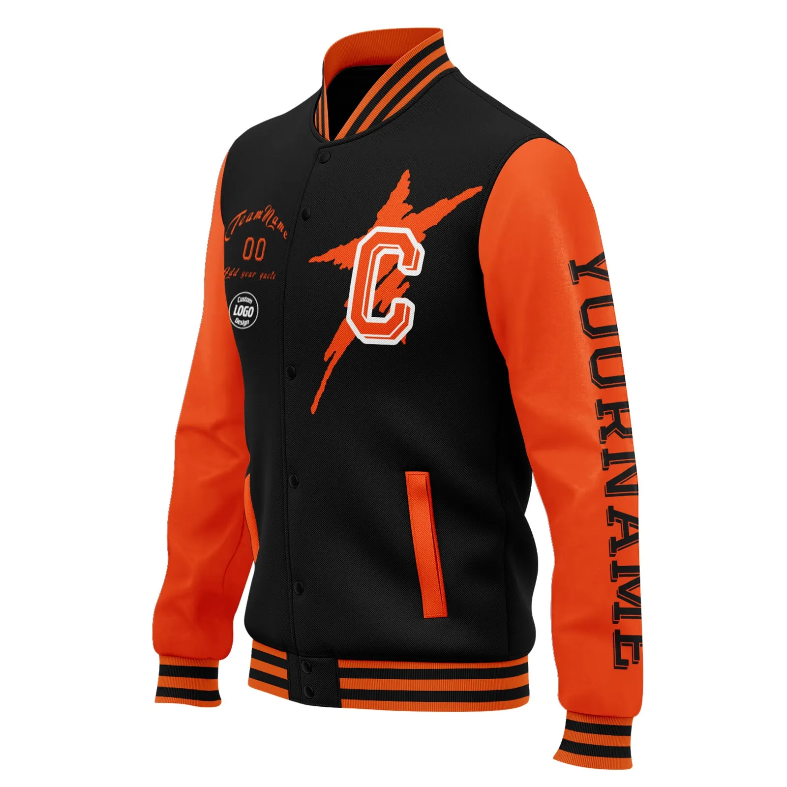 Custom Black Orange Cincinnati Jacket Bomber Full-Snap Varsity Letterman Personalized Jacket FZ005SX-D020290-6