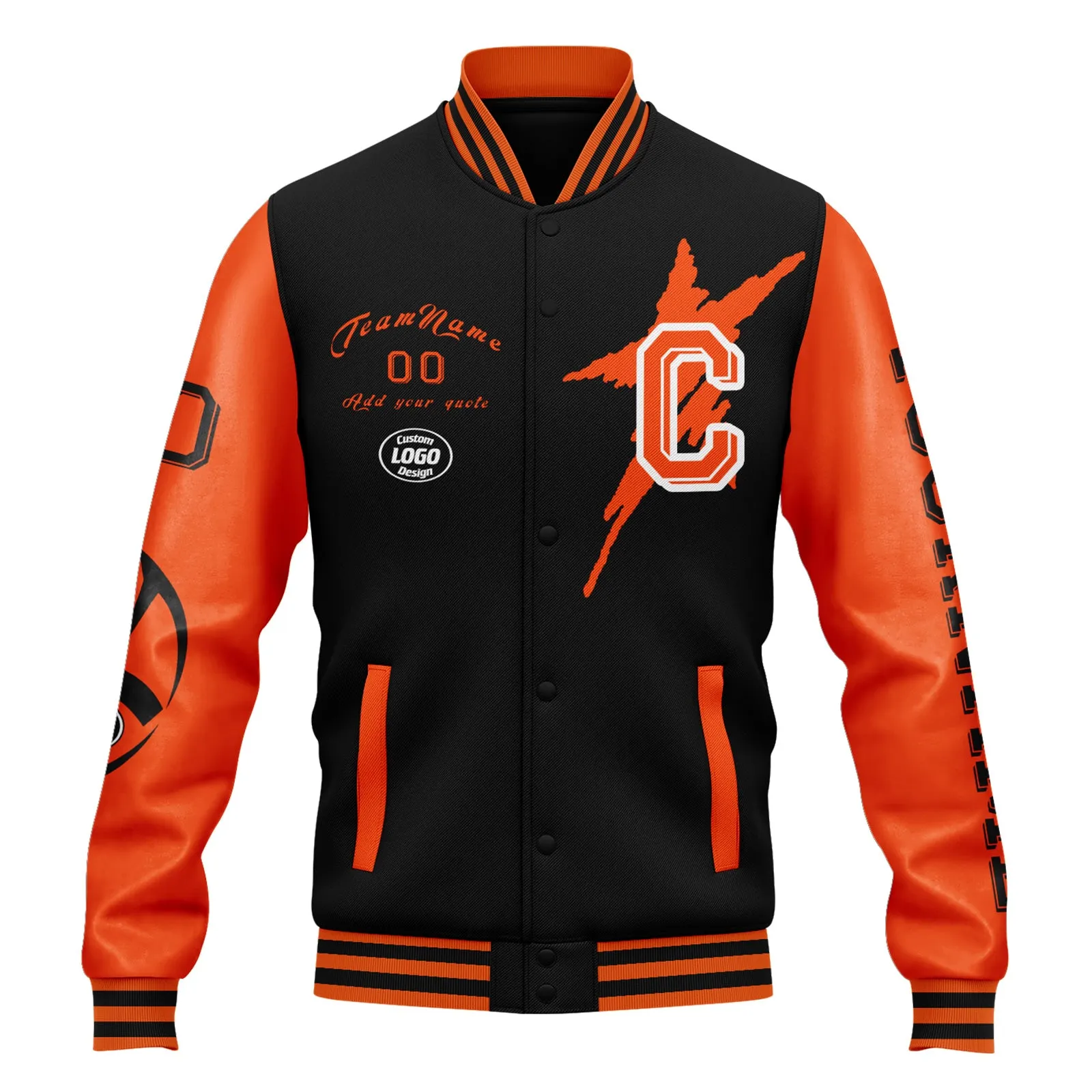 Custom Black Orange Cincinnati Jacket Bomber Full-Snap Varsity Letterman Personalized Jacket FZ005SX-D020290-6