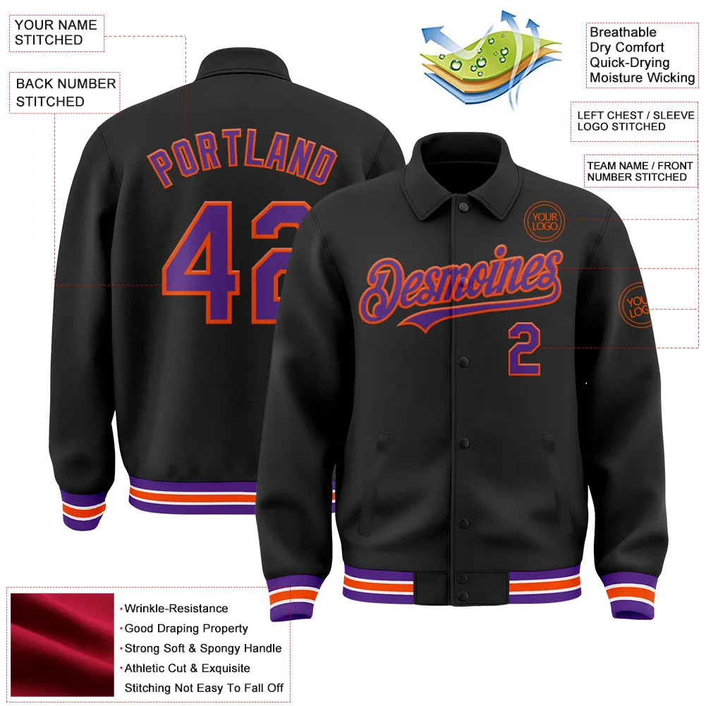 Custom Black Purple-Orange Bomber Full-Snap Varsity Letterman Lapel Collar Byron Jacket