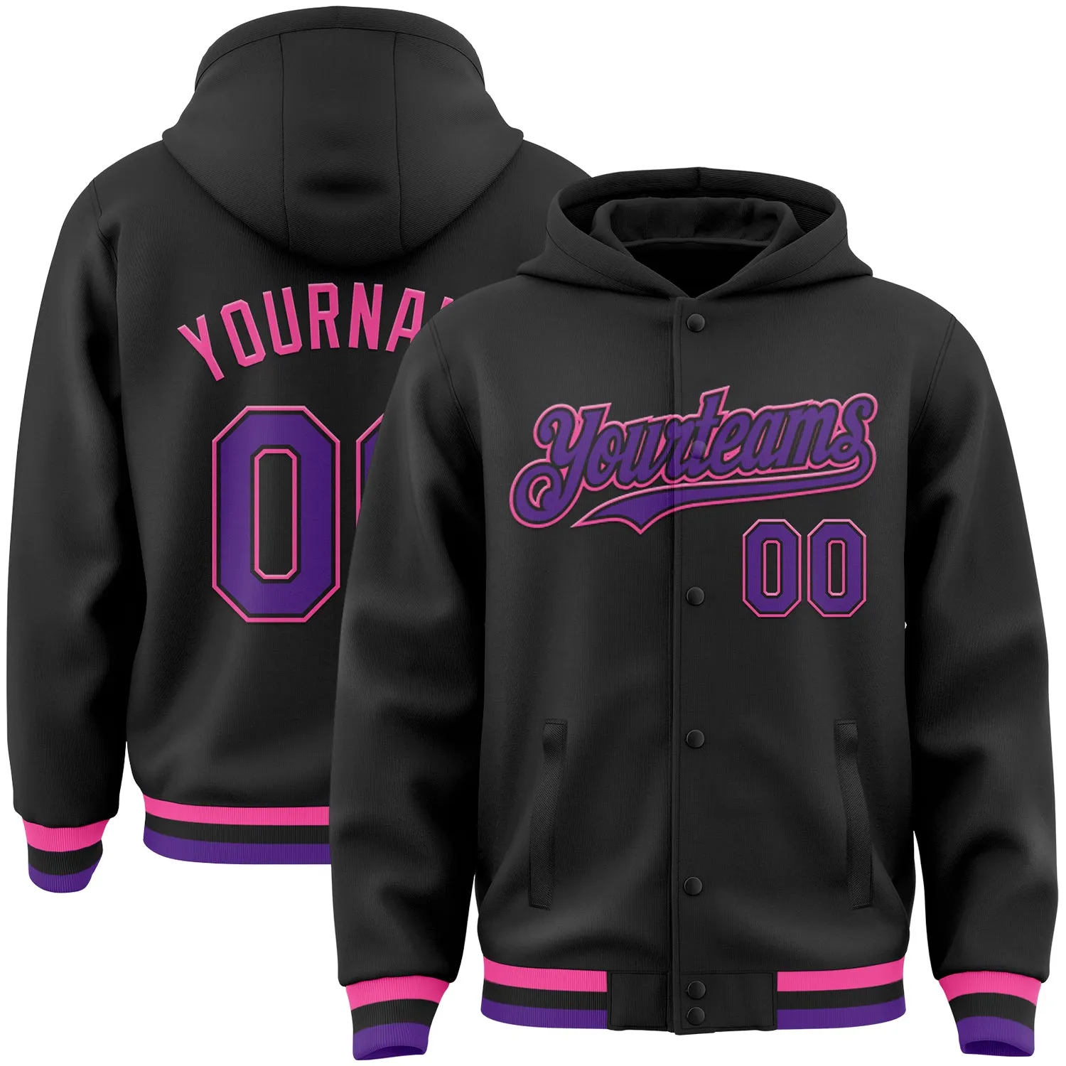 Custom Black Purple-Pink Bomber Full-Snap Varsity Letterman Hoodie Jacket