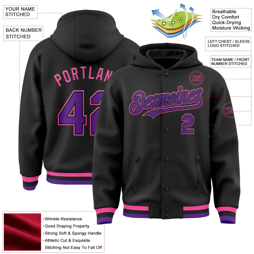 Custom Black Purple-Pink Bomber Full-Snap Varsity Letterman Hoodie Jacket