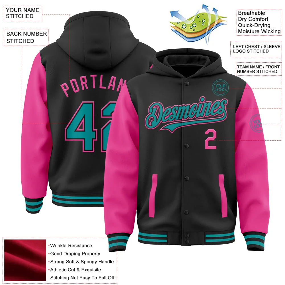 Custom Black Teal-Pink Bomber Full-Snap Varsity Letterman Two Tone Hoodie Jacket