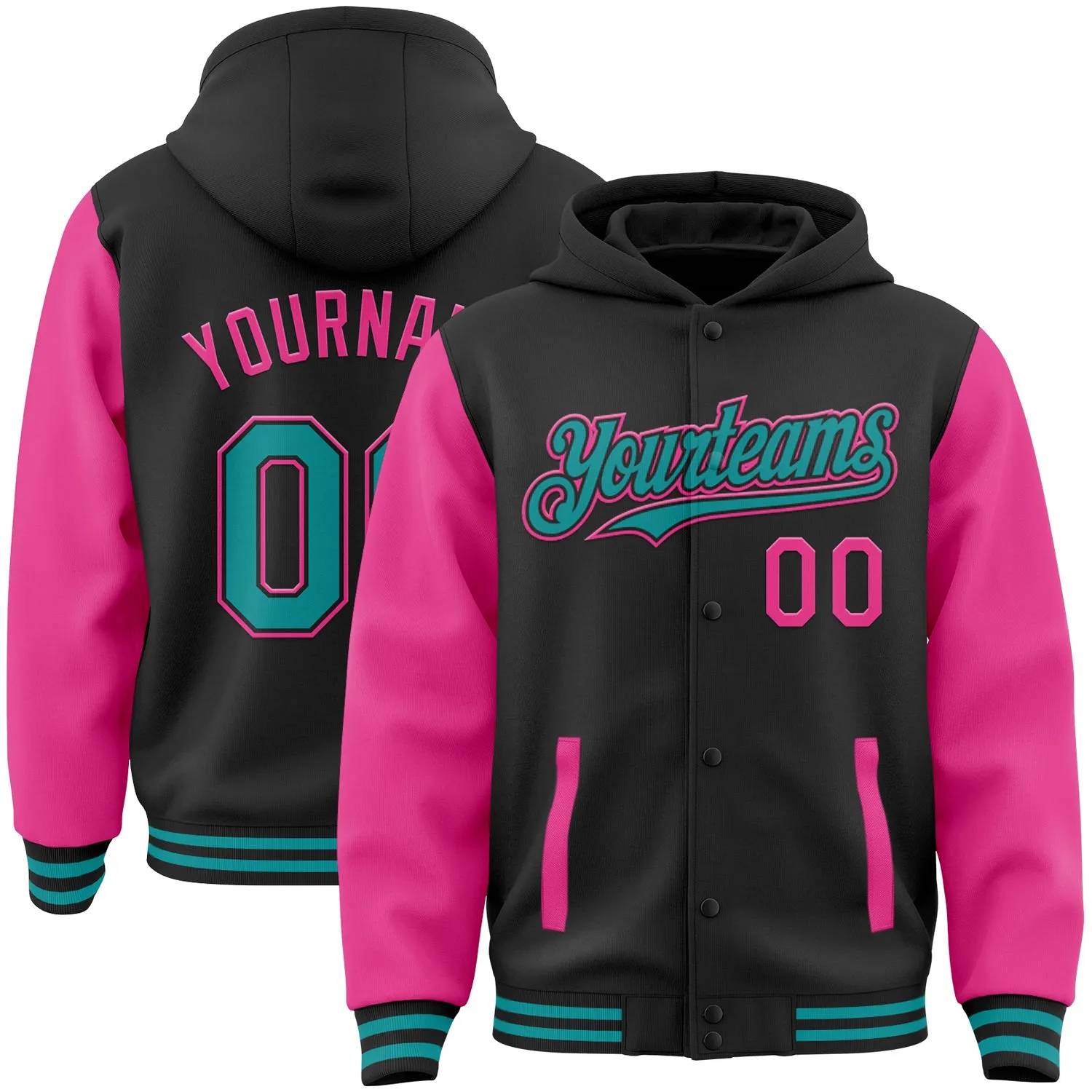 Custom Black Teal-Pink Bomber Full-Snap Varsity Letterman Two Tone Hoodie Jacket