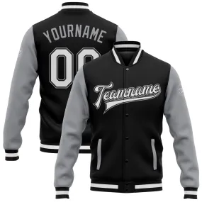 Custom Black White-Gray Bomber Full-Snap Varsity Letterman Two Tone Jacket