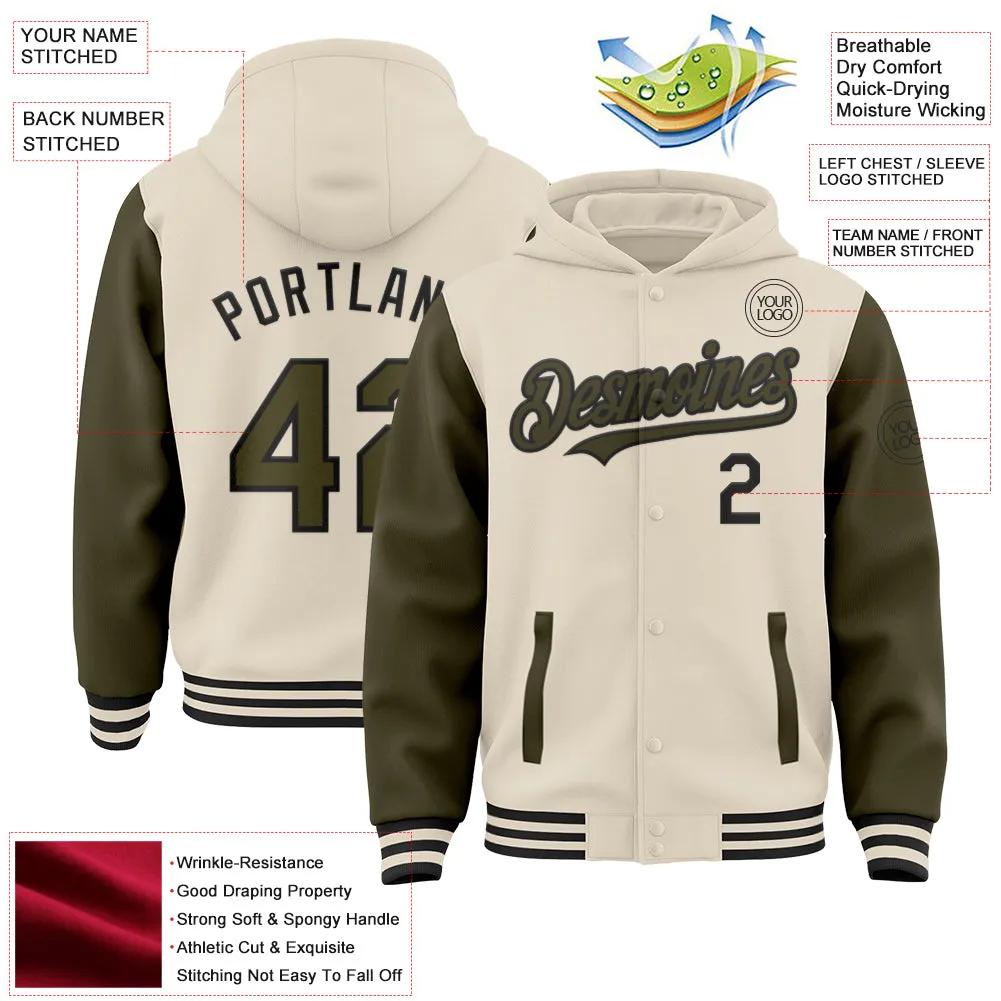 Custom Cream Olive-Black Bomber Full-Snap Varsity Letterman Two Tone Hoodie Jacket