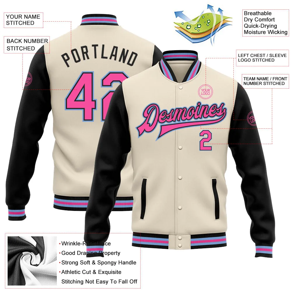 Custom Cream Pink Black-Light Blue Bomber Full-Snap Varsity Letterman Two Tone Jacket