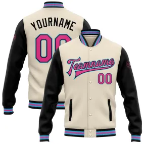 Custom Cream Pink Black-Sky Blue Bomber Full-Snap Varsity Letterman Two Tone Jacket