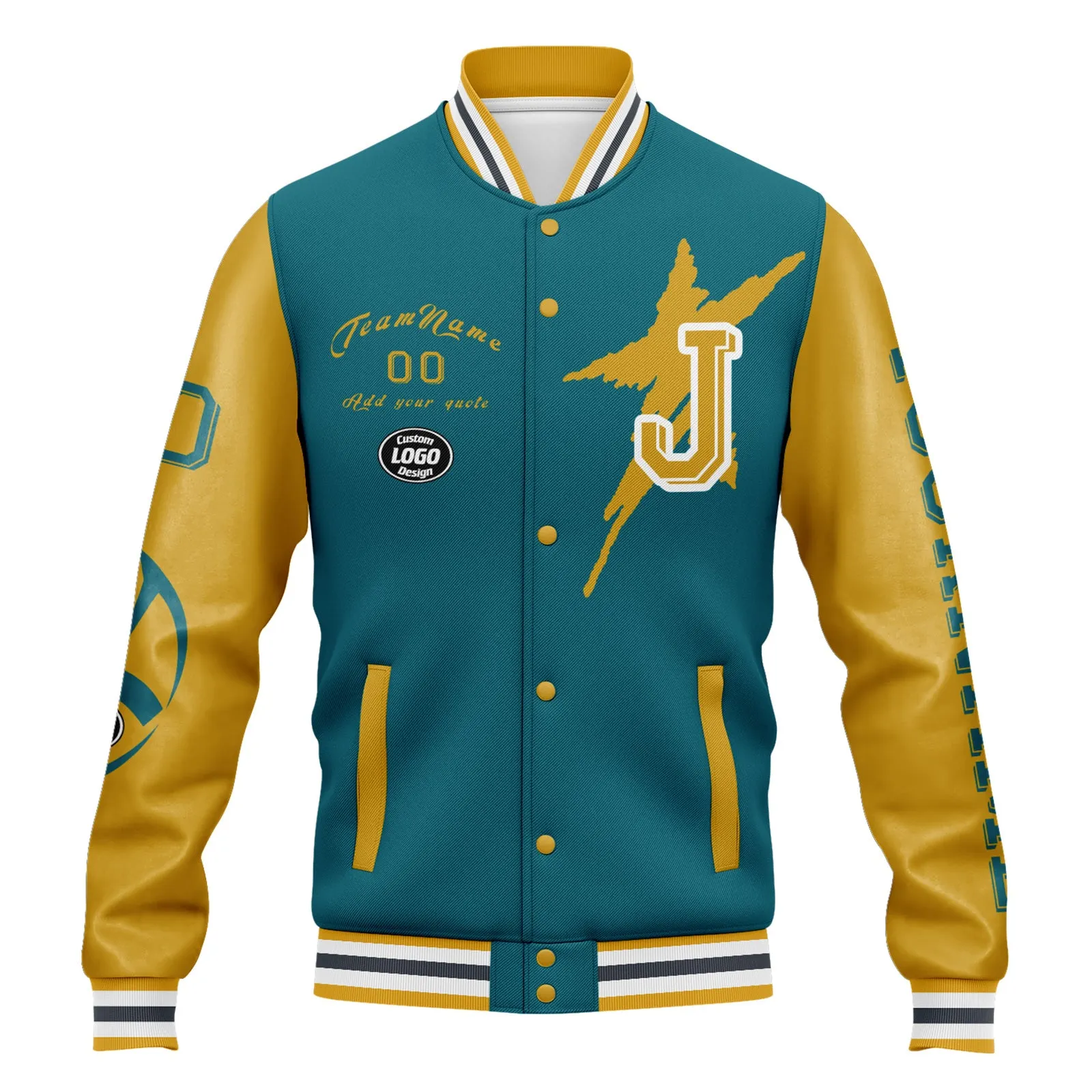 Custom Green Yellow Jacksonville Jacket Bomber Full-Snap Varsity Letterman Personalized Jacket FZ005SX-D020290-16