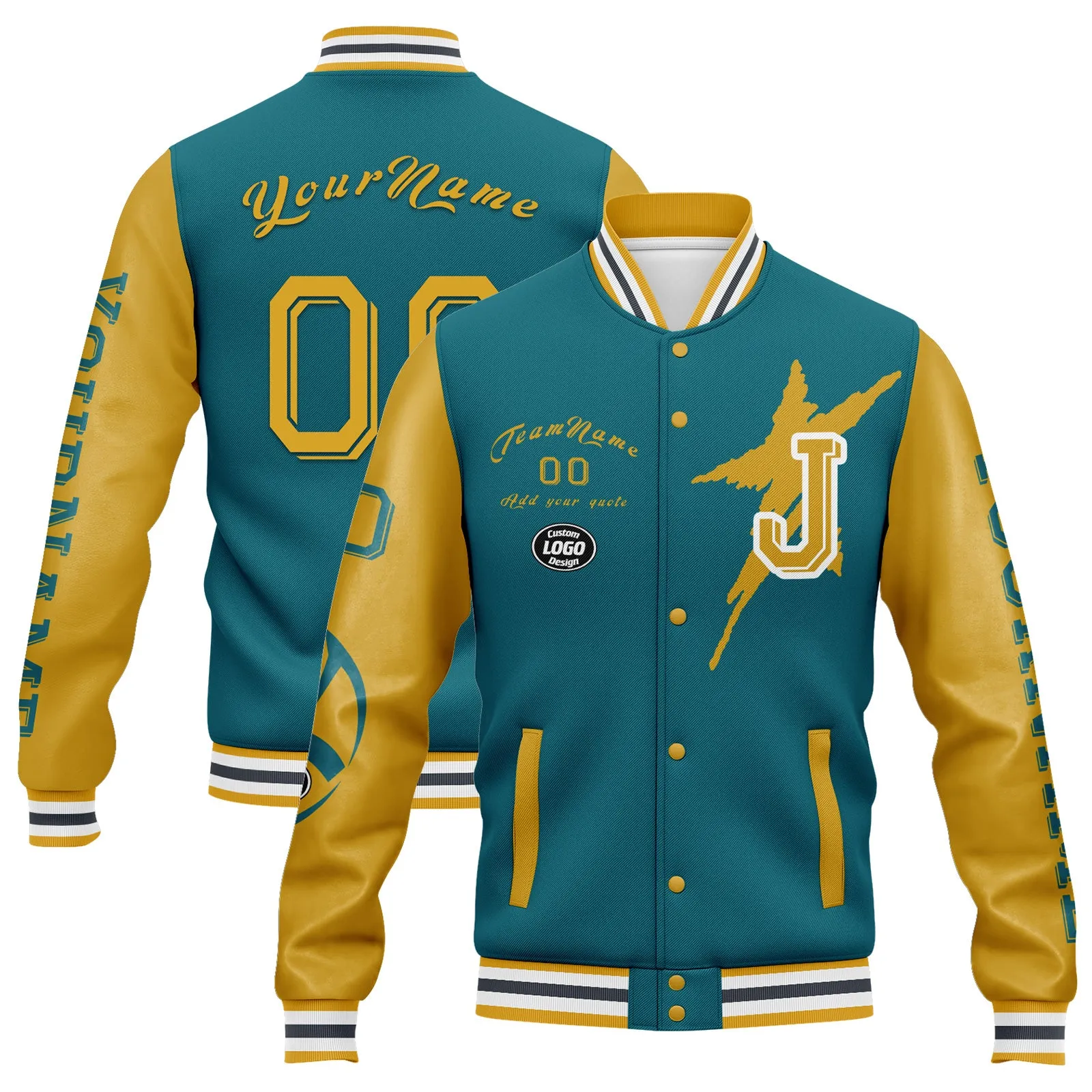 Custom Green Yellow Jacksonville Jacket Bomber Full-Snap Varsity Letterman Personalized Jacket FZ005SX-D020290-16