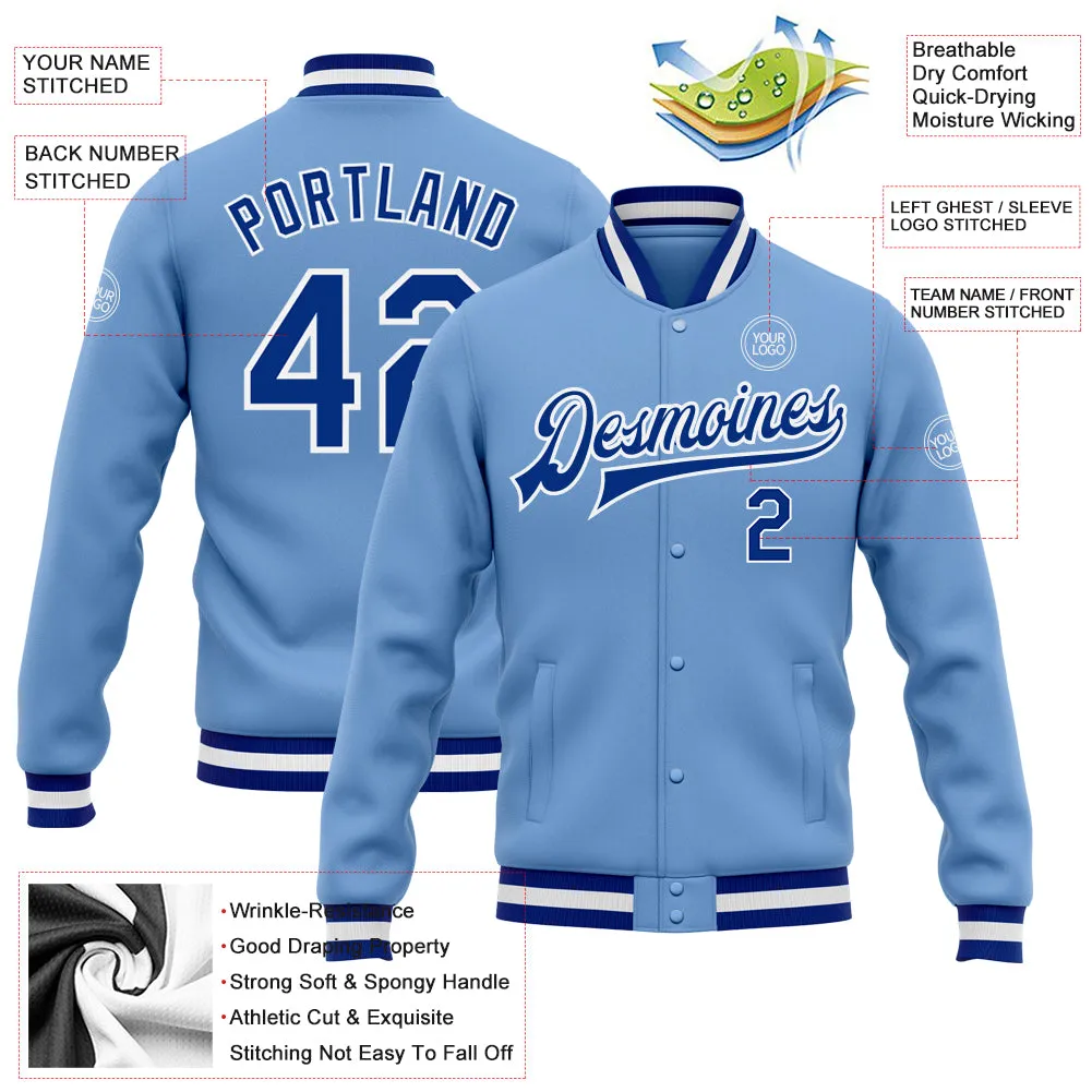 Custom Light Blue Royal-White Bomber Full-Snap Varsity Letterman Jacket