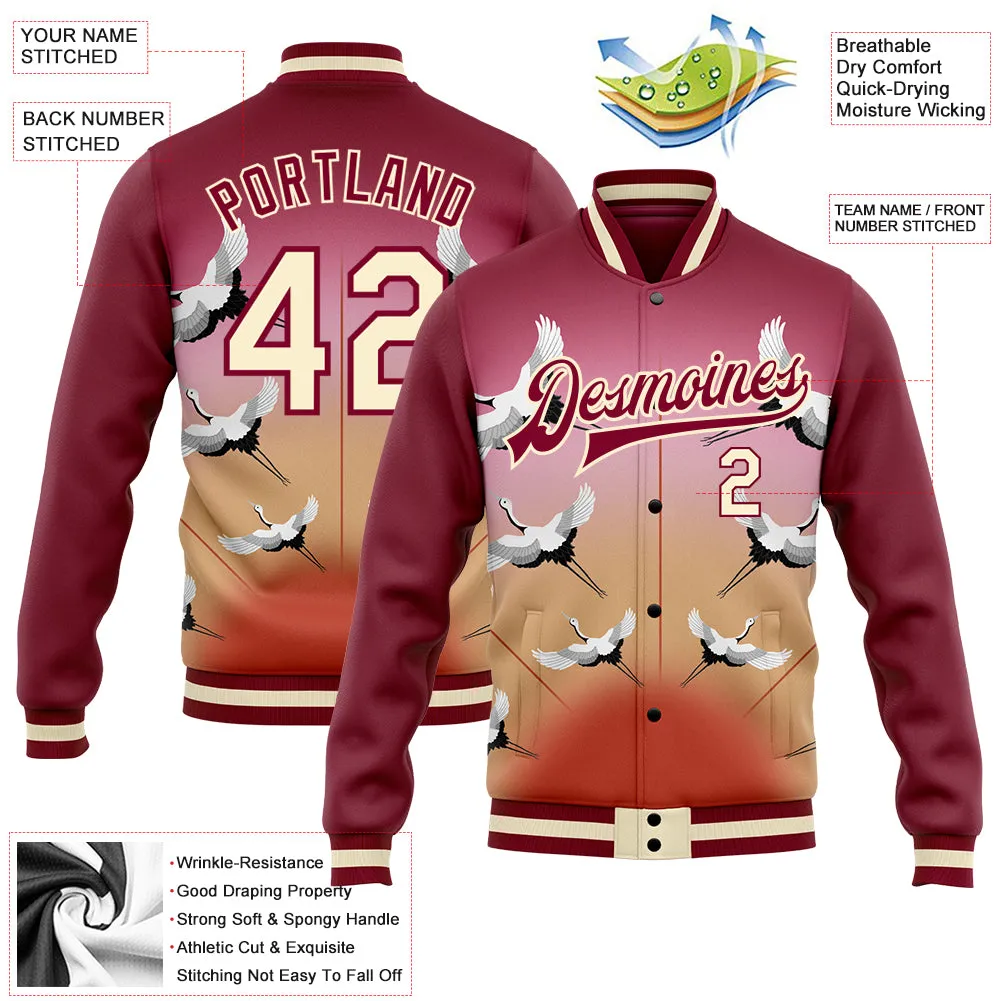 Custom Maroon Cream Heron 3D Pattern Design Bomber Full-Snap Varsity Letterman Jacket