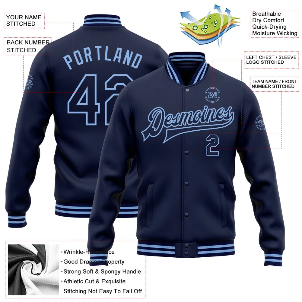 Custom Navy Light Blue Bomber Full-Snap Varsity Letterman Jacket