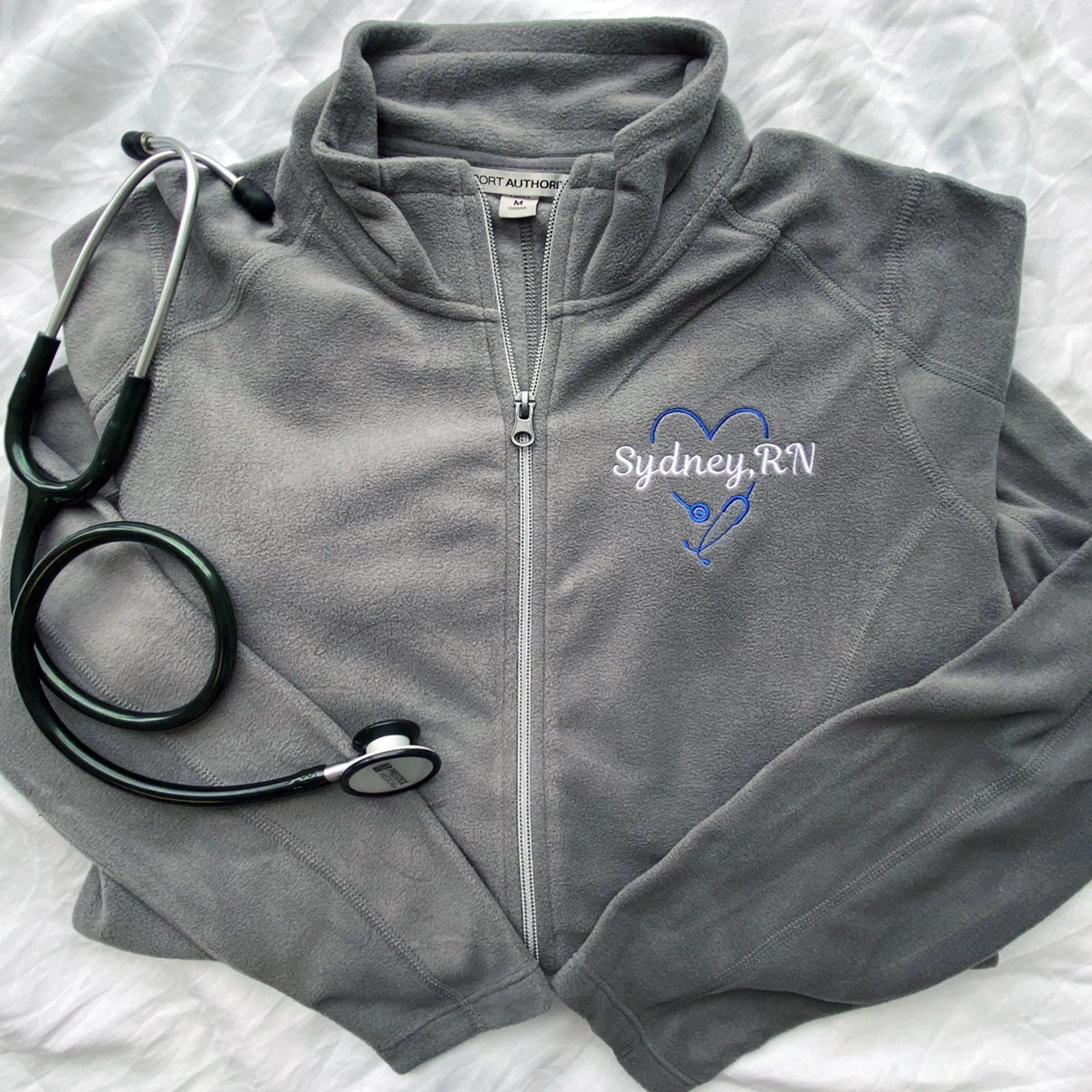 Custom Nurse Fleece Full Zip Jacket with Large Heart Stethoscope