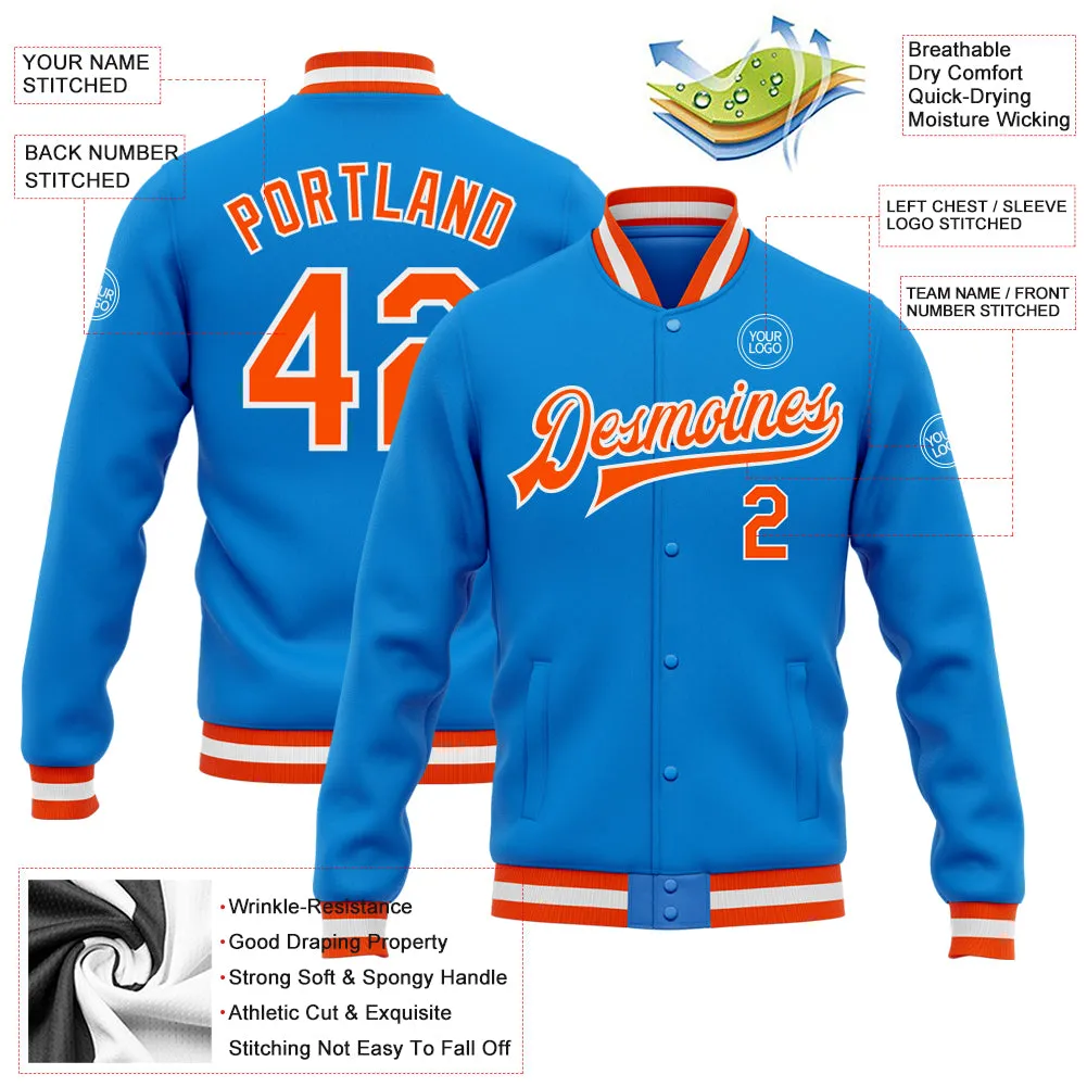 Custom Powder Blue Orange-White Bomber Full-Snap Varsity Letterman Jacket