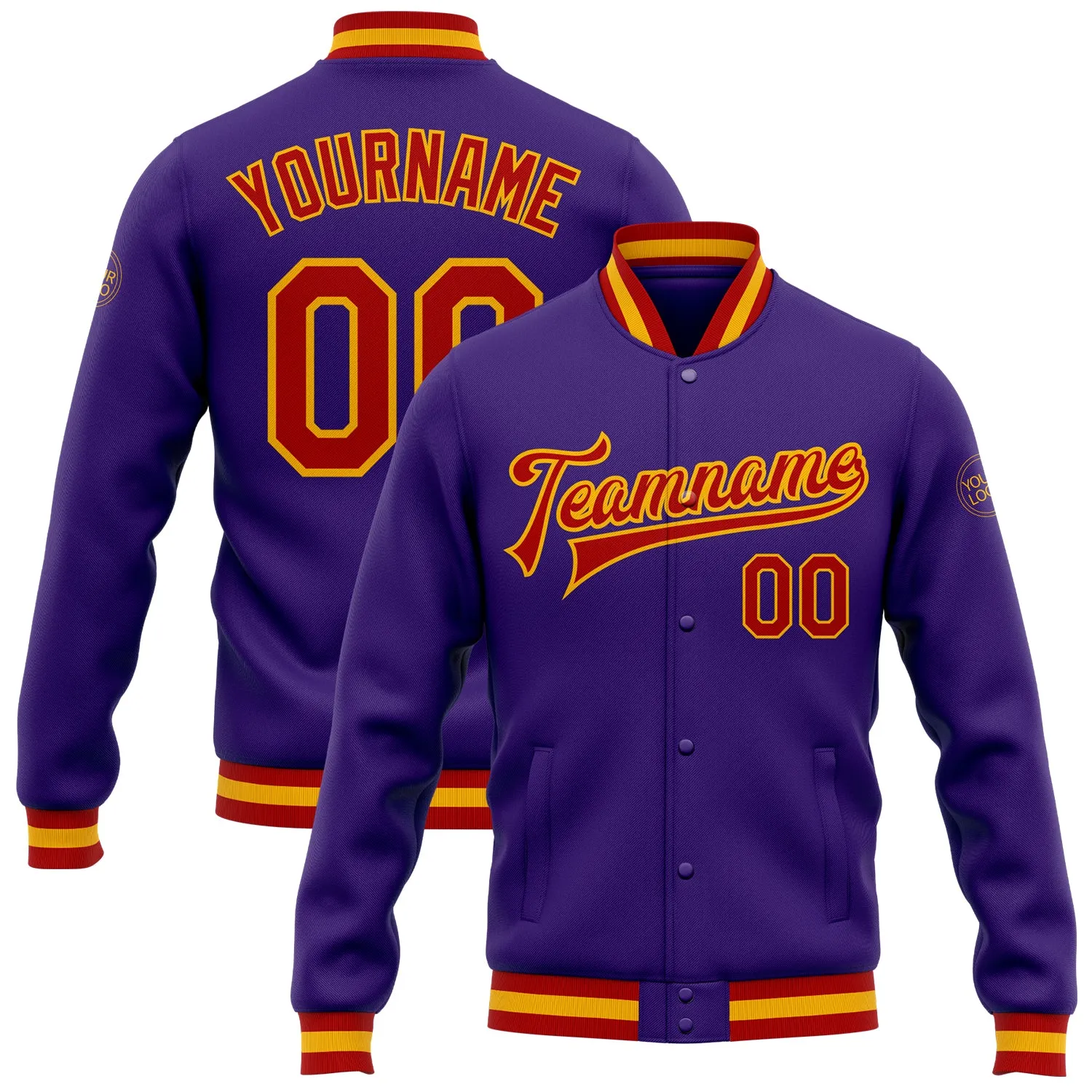 Custom Purple Red-Gold Bomber Full-Snap Varsity Letterman Jacket