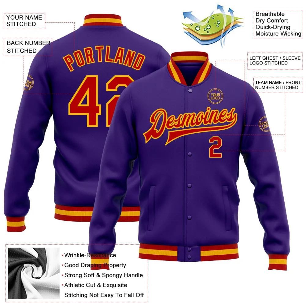 Custom Purple Red-Gold Bomber Full-Snap Varsity Letterman Jacket