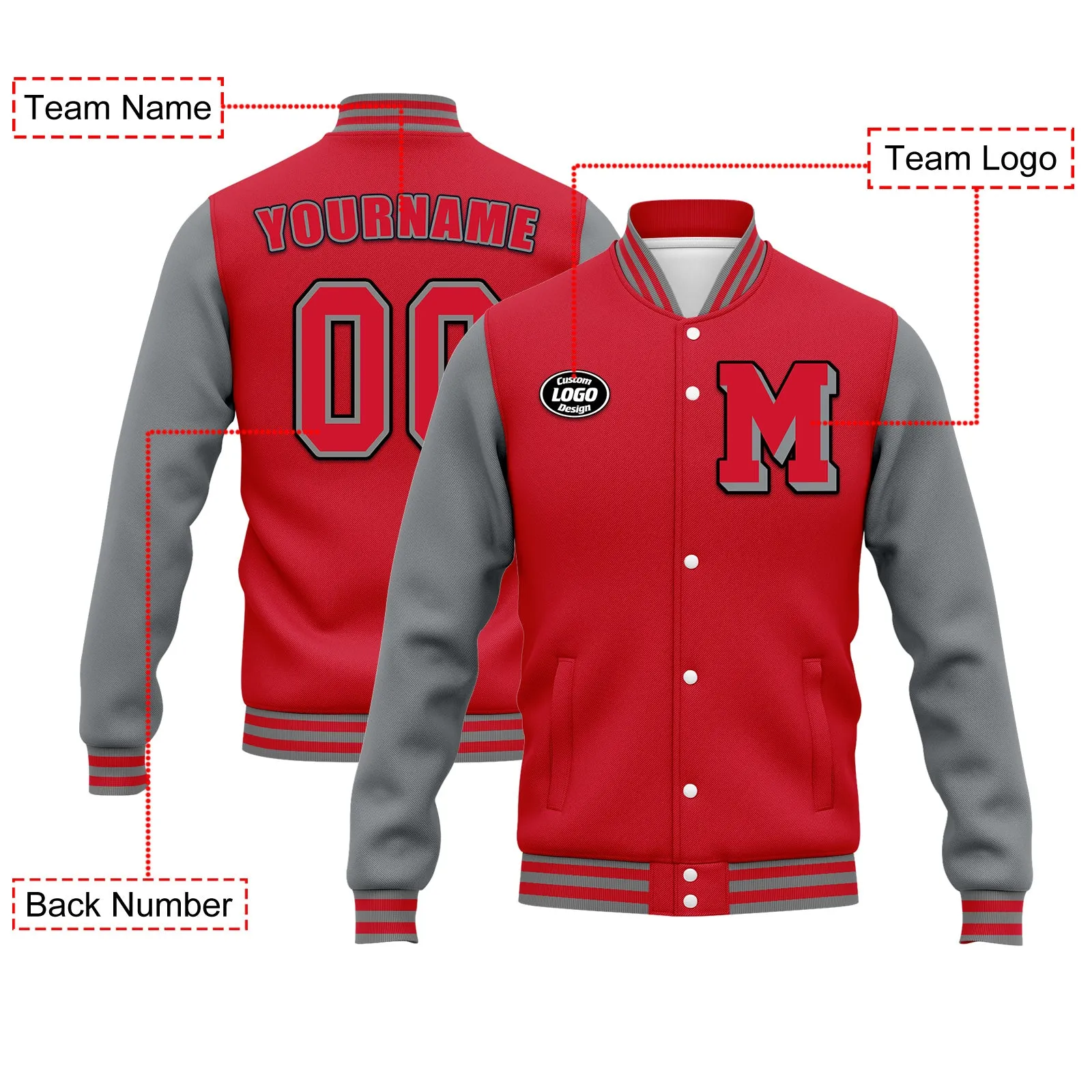 Custom Red Gray Jacket Bomber Full-Snap Varsity Letterman Personalized Jacket FZ005-D020255-4