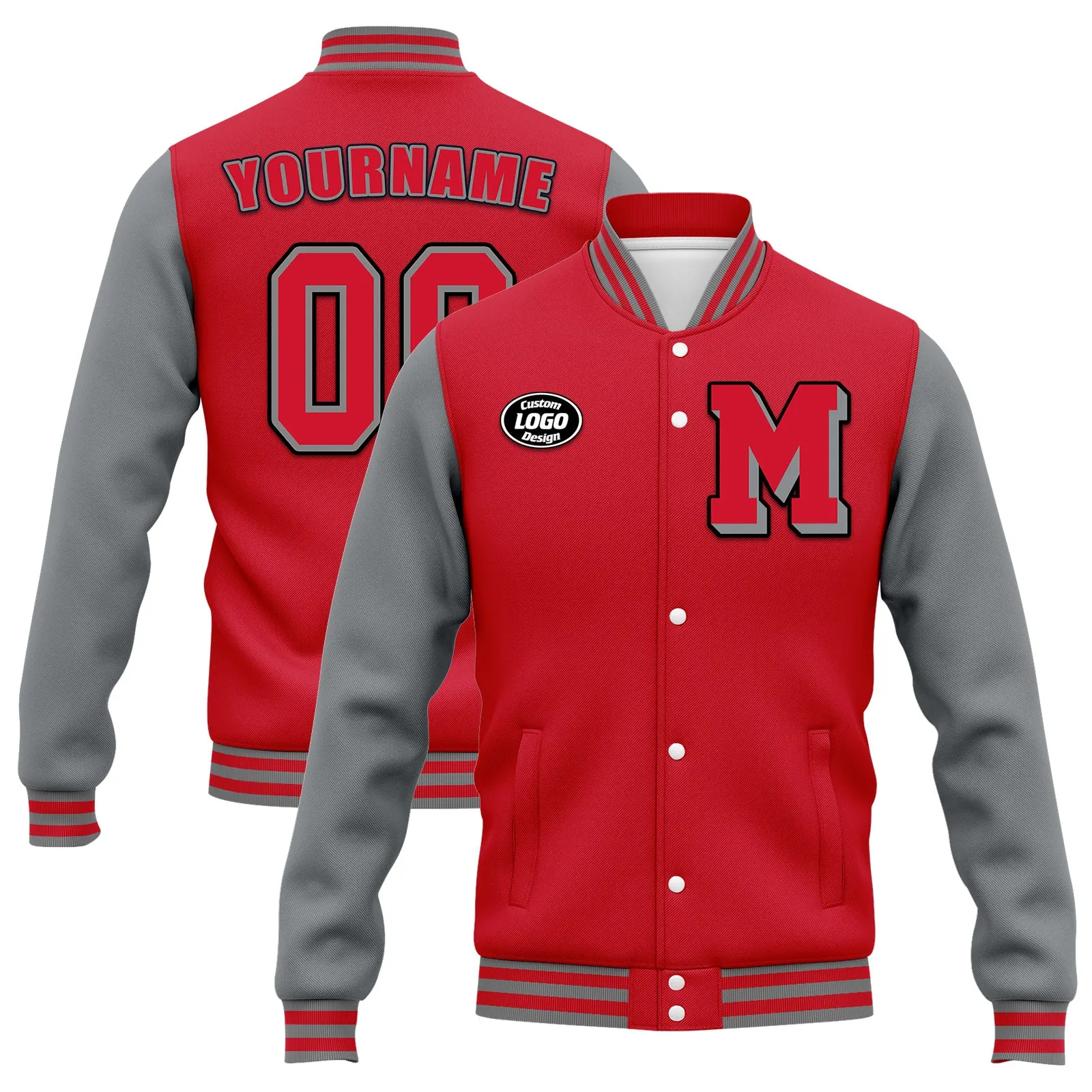 Custom Red Gray Jacket Bomber Full-Snap Varsity Letterman Personalized Jacket FZ005-D020255-4