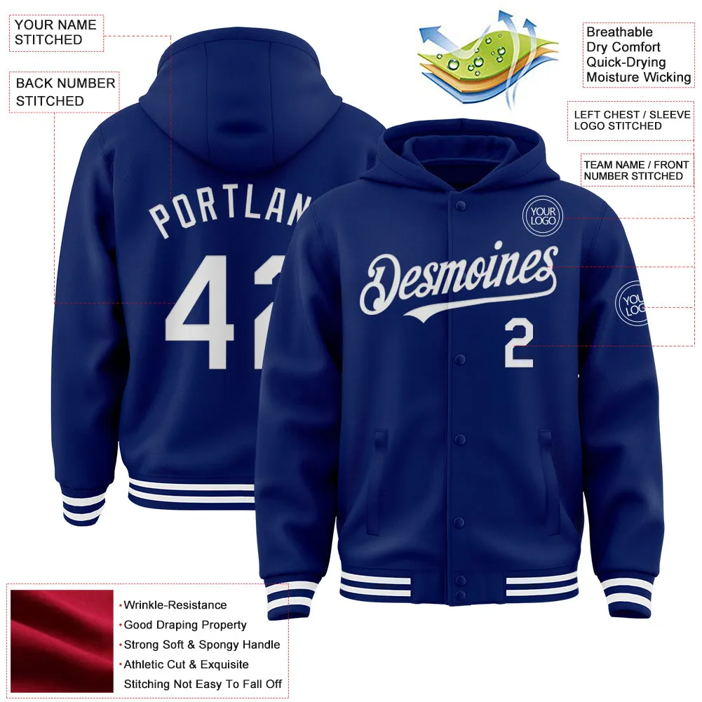 Custom Royal White Bomber Full-Snap Varsity Letterman Hoodie Jacket